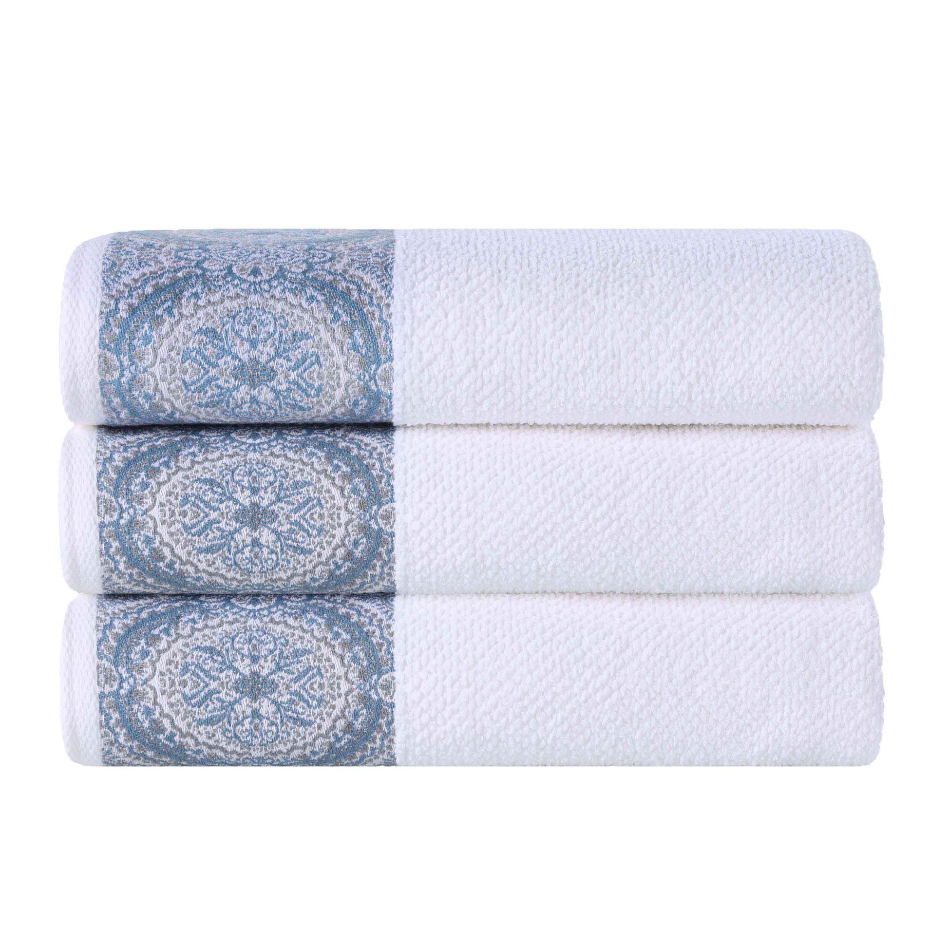 Medallion Cotton Jacquard Textured Soft Absorbent Bath Towel Set of 3 - NavyBlue