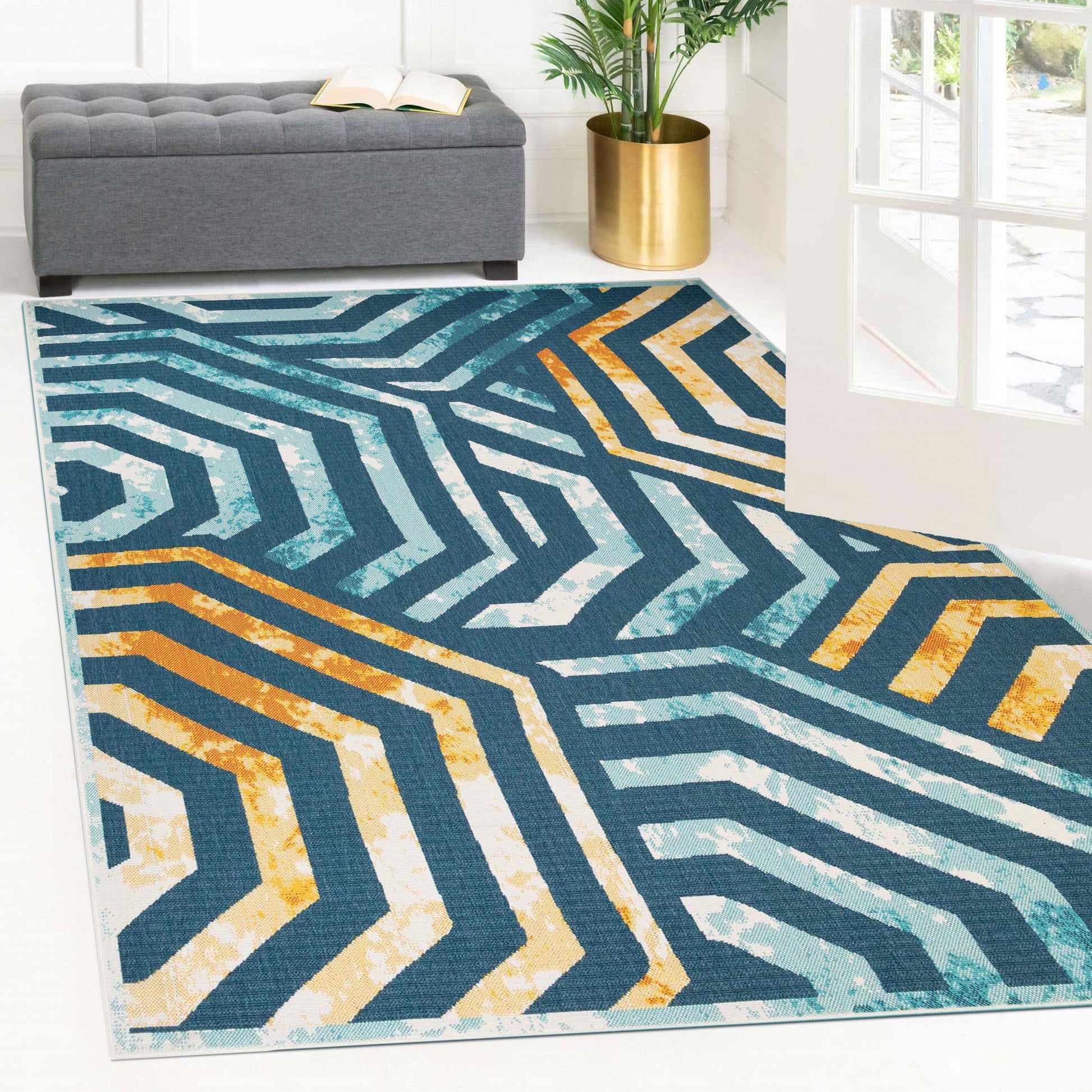 Waimea Modern Geometric Coastal Indoor Outdoor Area Rug - NavyBlue-Cream
