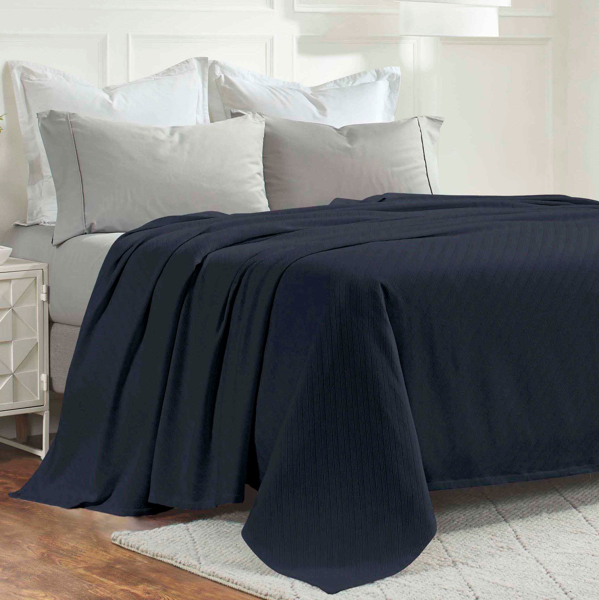 Milan Cotton Textured Jacquard Striped Lightweight Woven Blanket - NavyBlue