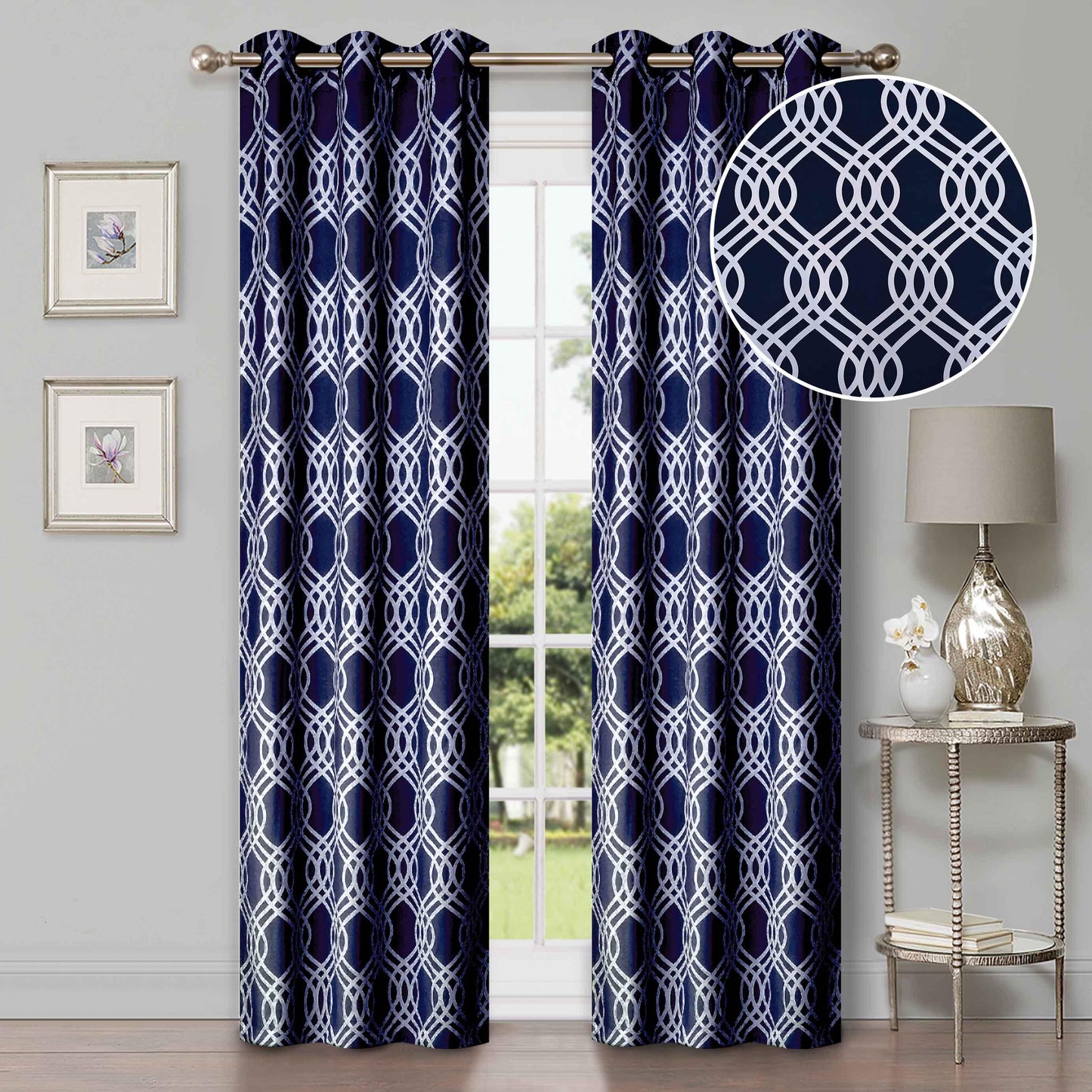Ribbon Trellis Washable Room Darkening Blackout Curtains, Set of 2