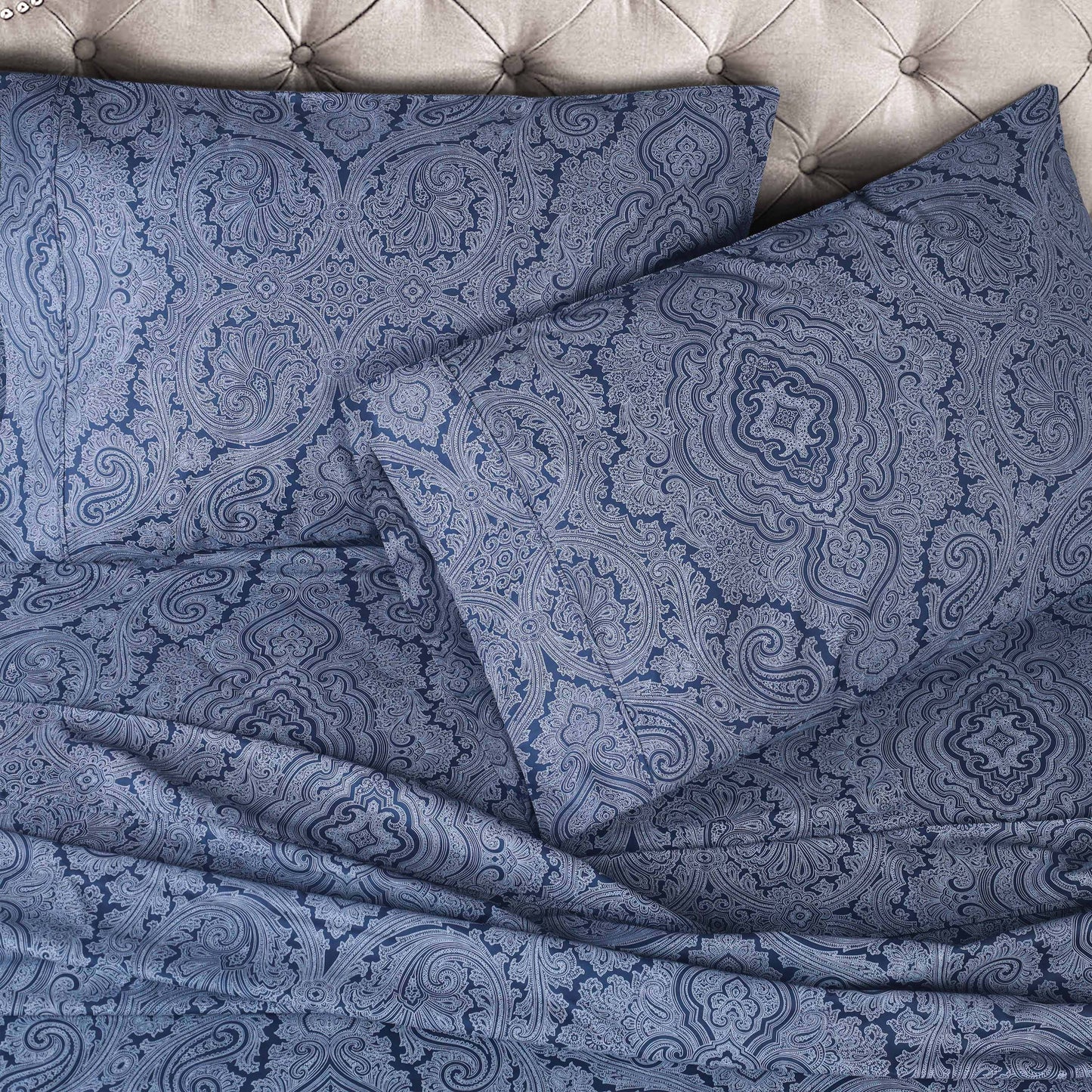 Italian Paisley 600 Thread Count Cotton Blend Deep Pocket Sheet Set - NavyBlue