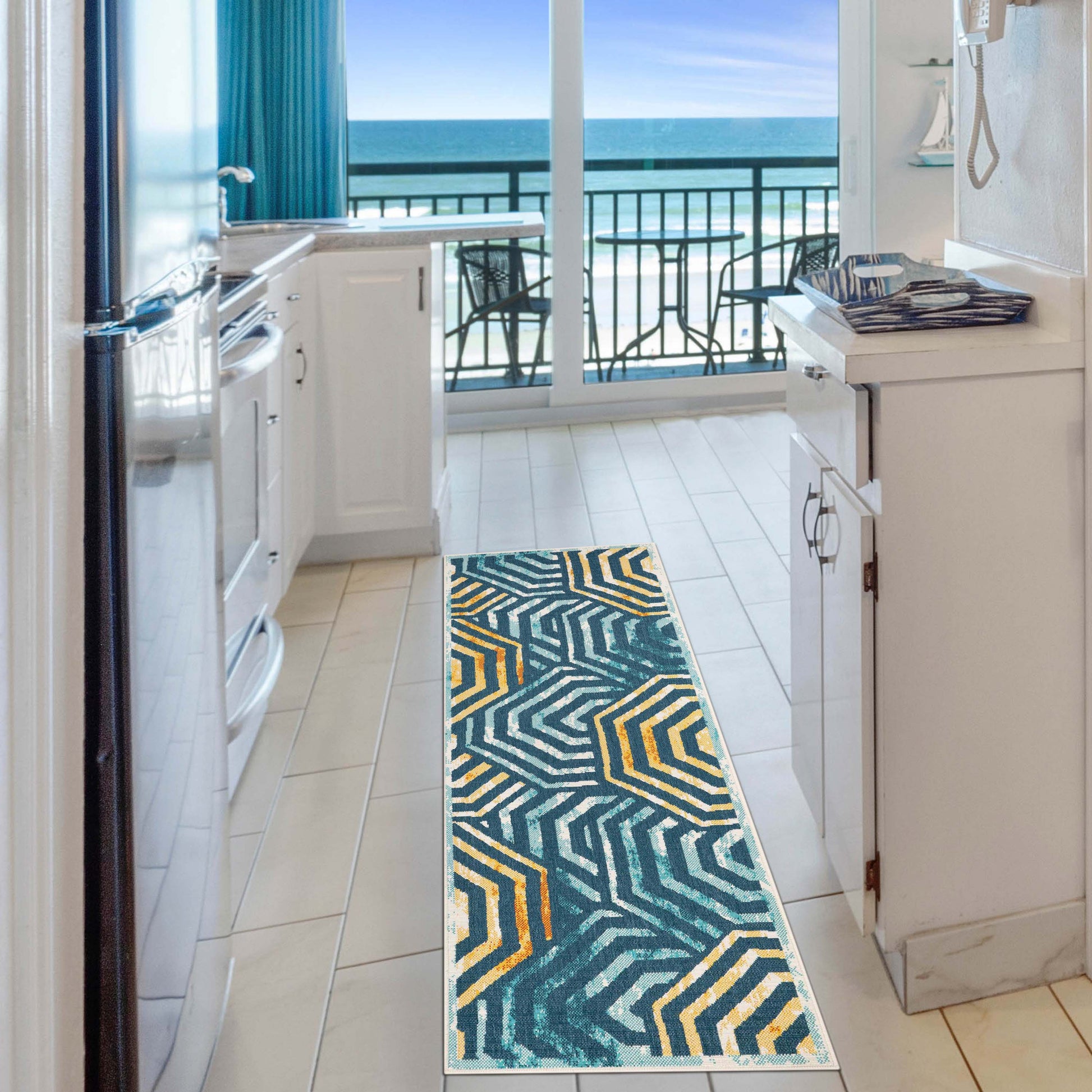 Waimea Modern Geometric Coastal Indoor Outdoor Area Rug - NavyBlue-Cream