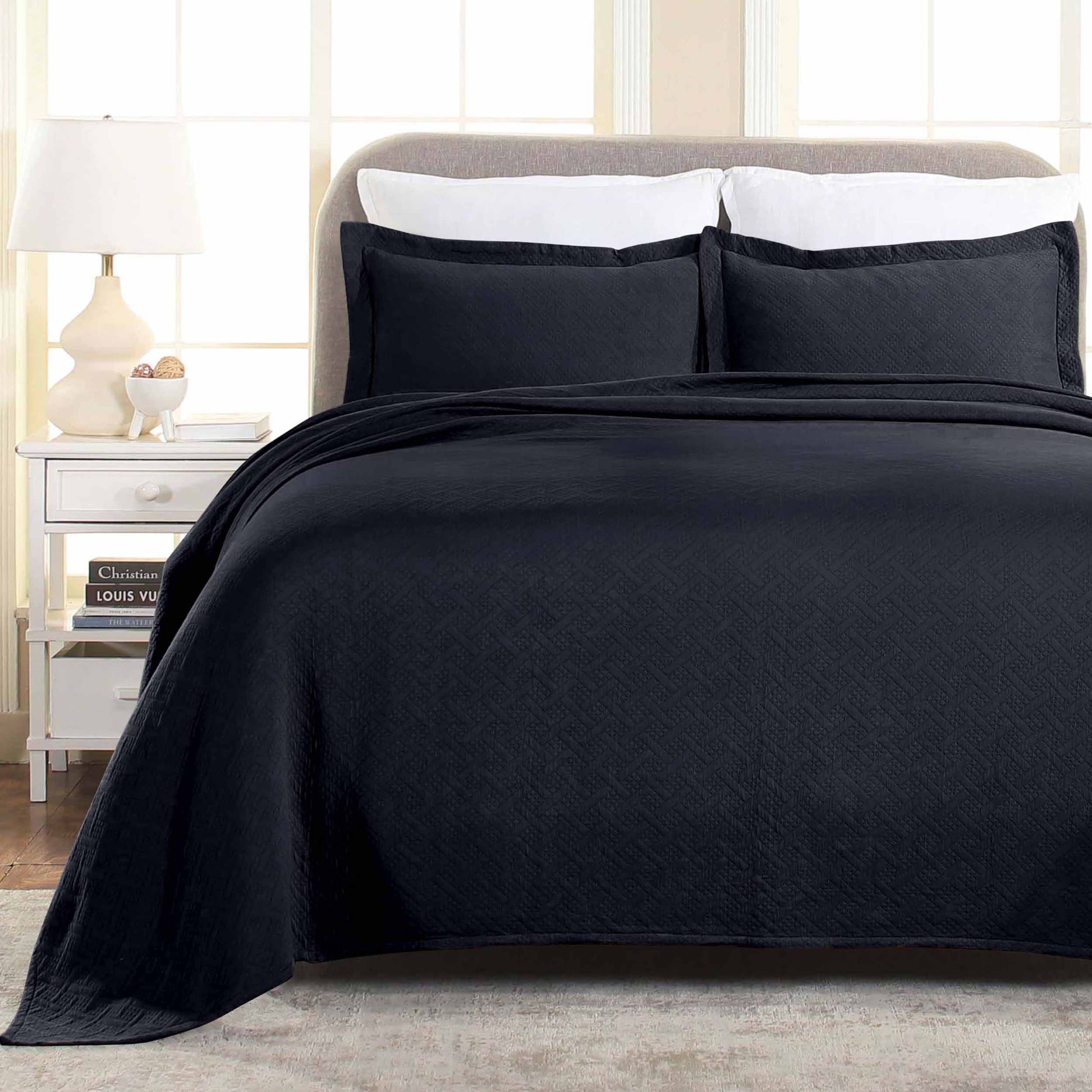 Basket Weave Matelasse Cotton Bedspread Set - Navy Blue