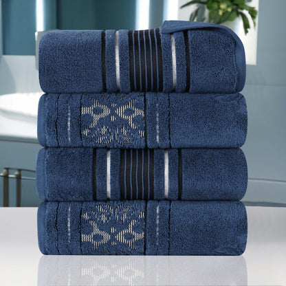 Sadie Zero Twist Cotton Floral Solid and Jacquard Bath Towel Set of 4 - NavyBlue