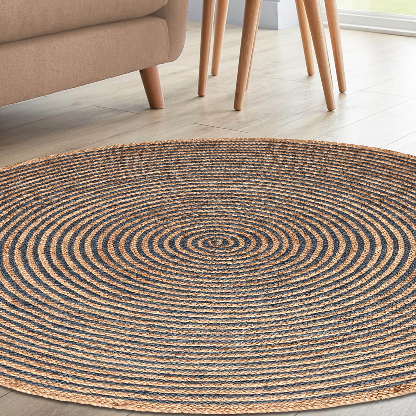 Braided Jute Reversible Round Indoor Outdoor Area Rug - NavyBlue