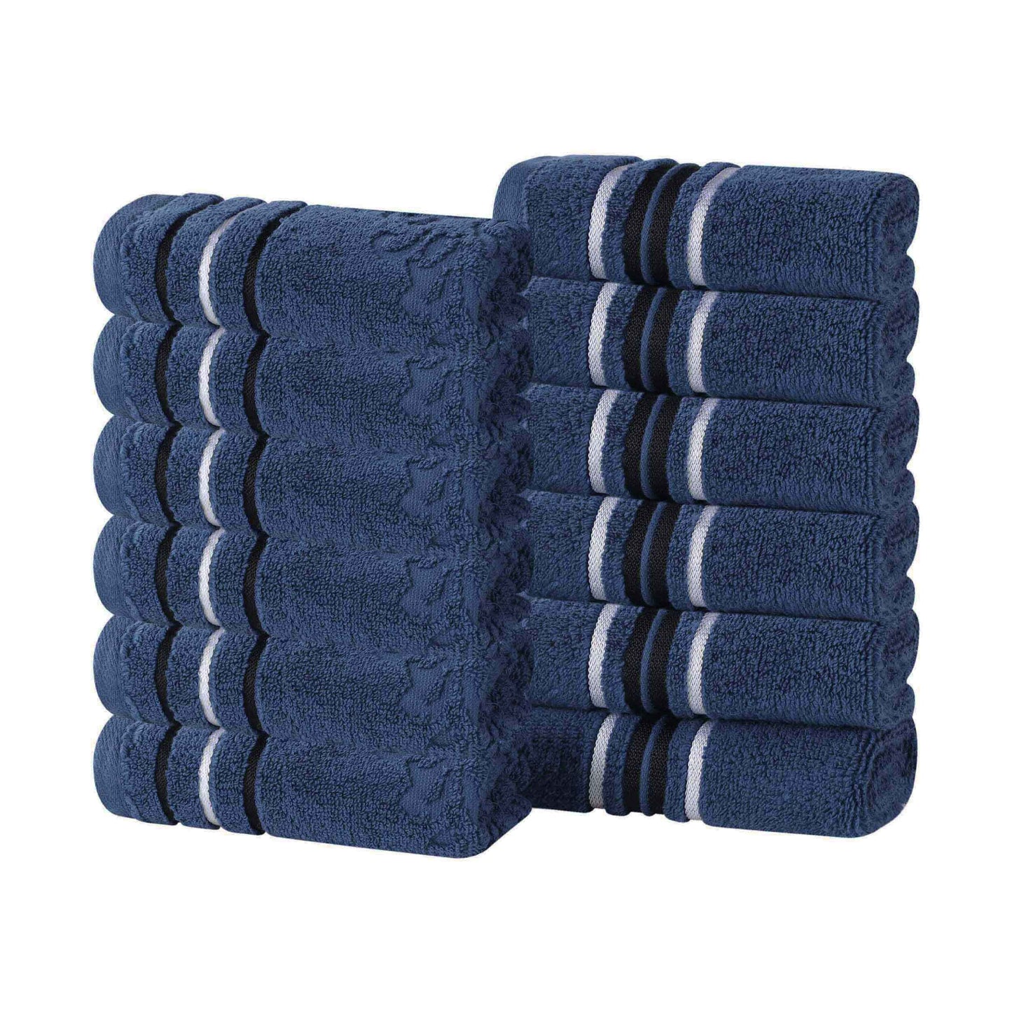 Sadie Zero Twist Cotton Floral Solid & Jacquard Face Towel Set of 12 - NavyBlue