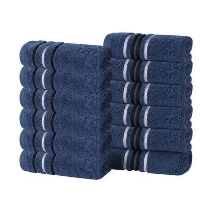 Sadie Zero Twist Cotton Floral Solid & Jacquard Face Towel Set of 12 - NavyBlue