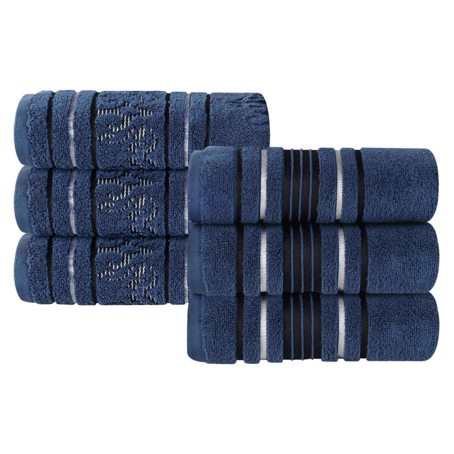 Sadie Zero Twist Cotton Floral Solid and Jacquard Hand Towel Set of 6 - NavyBlue