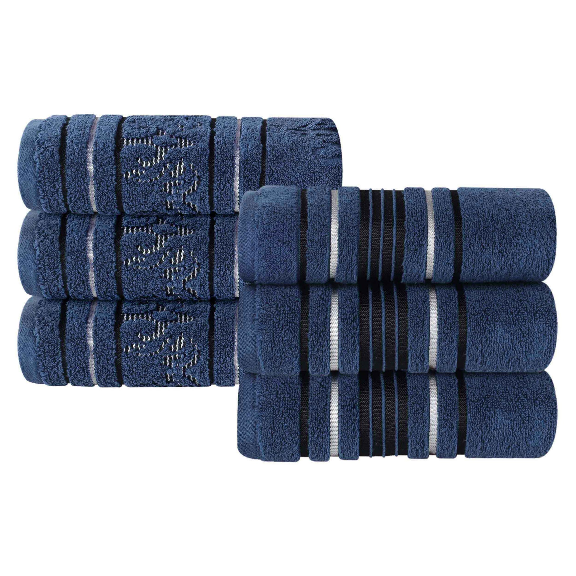 Sadie Zero Twist Cotton Floral Solid and Jacquard Hand Towel Set of 6 - NavyBlue