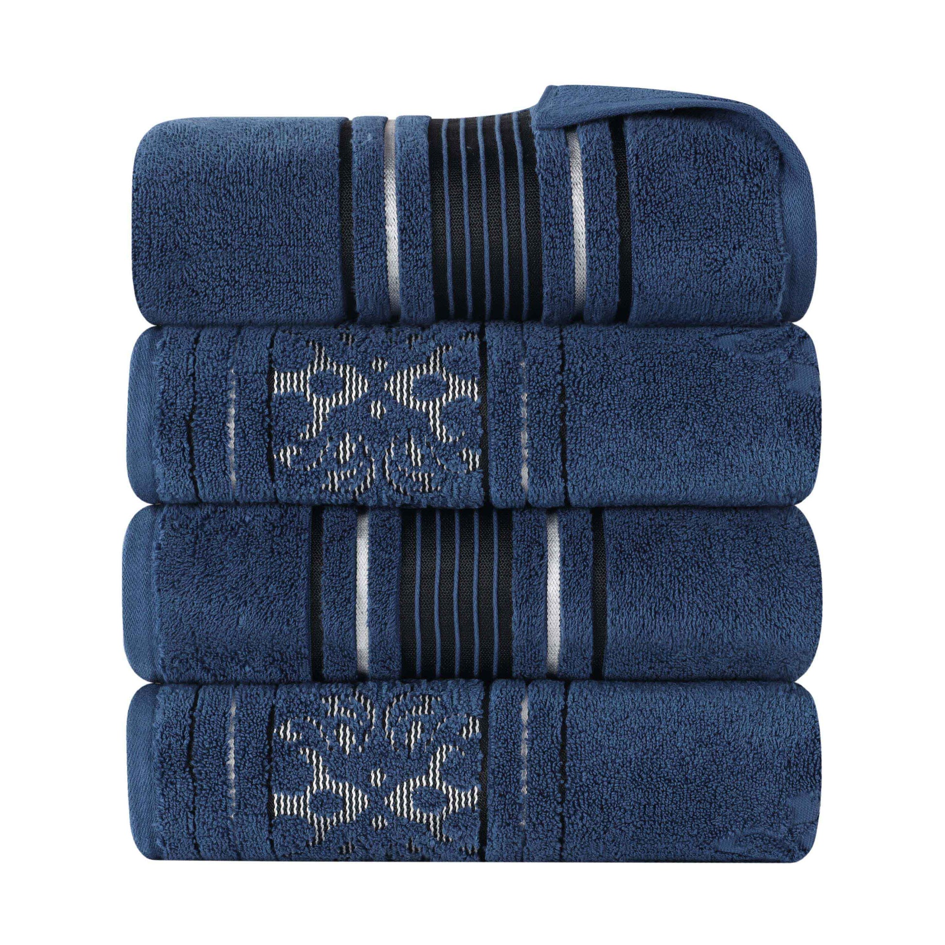 Sadie Zero Twist Cotton Floral Solid and Jacquard Bath Towel Set of 4 - NavyBlue