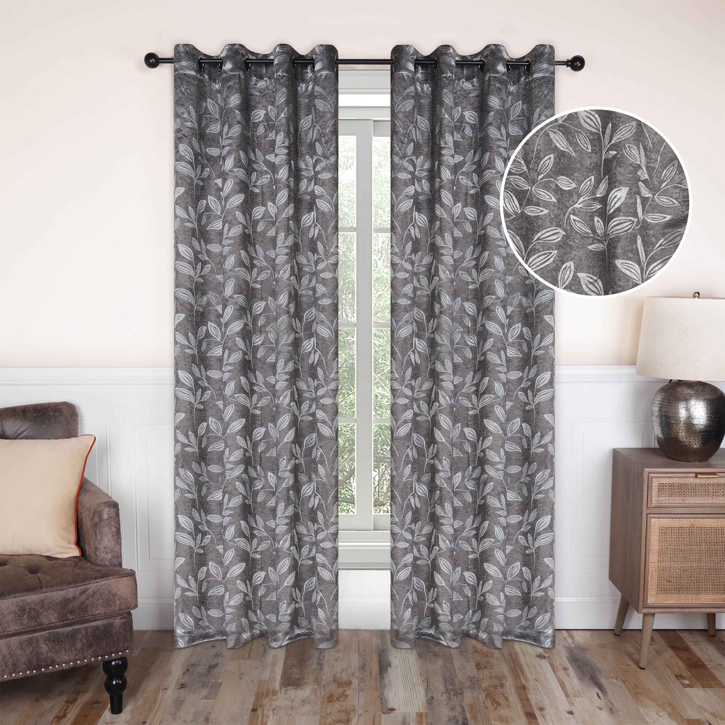 Leaves Machine Washable Room Darkening Blackout Curtains, Set of 2 - NickeBlack