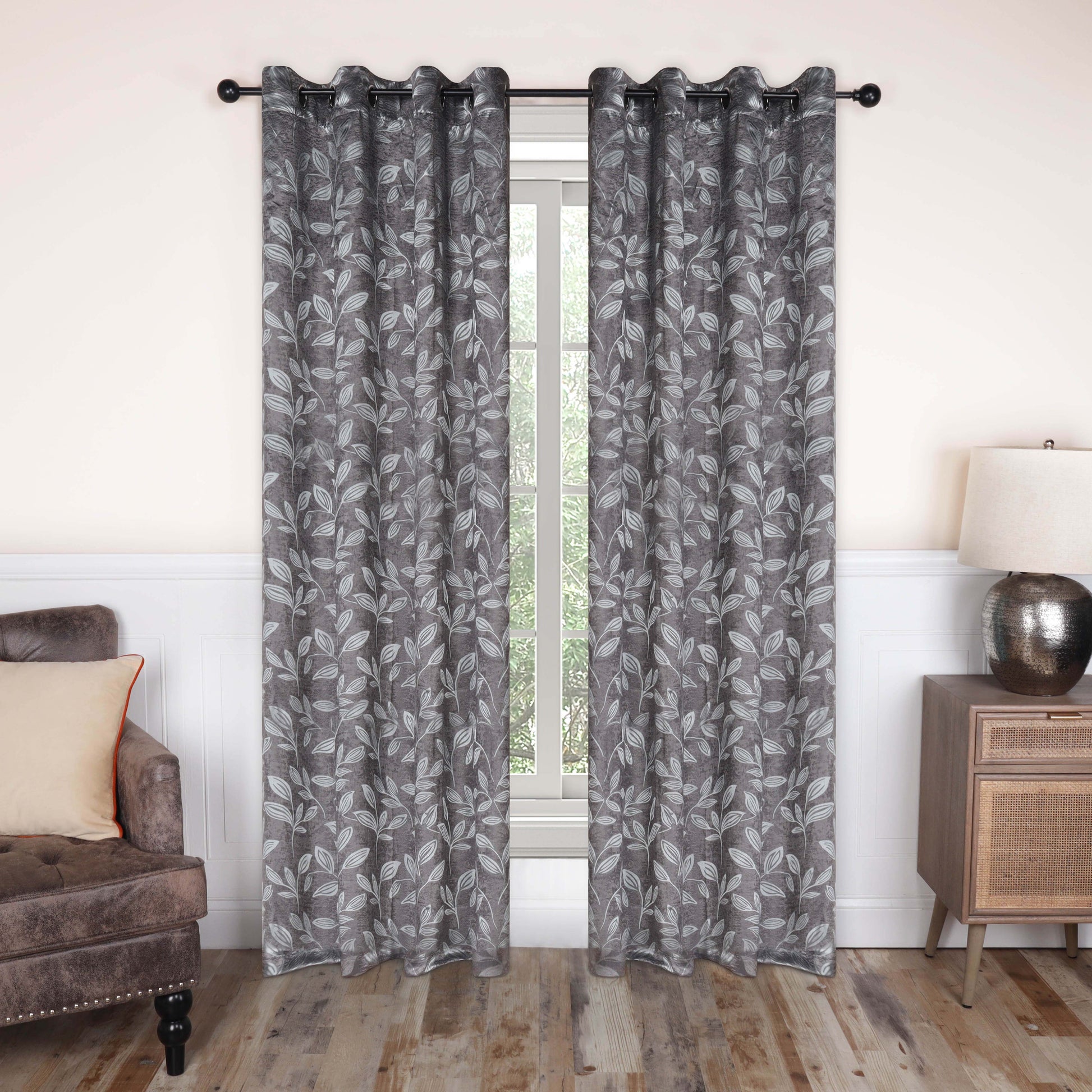 Leaves Machine Washable Room Darkening Blackout Curtains, Set of 2 - NickeBlack