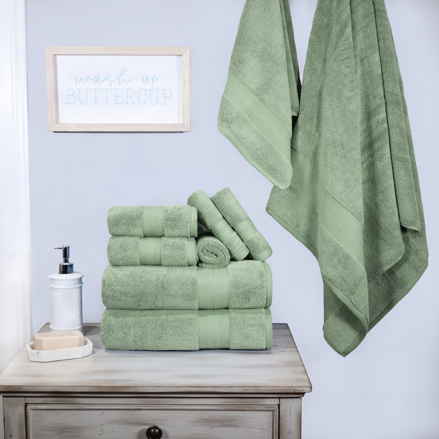 Superior Premium Turkish-Cotton Assorted Towel Set - Olive Green
