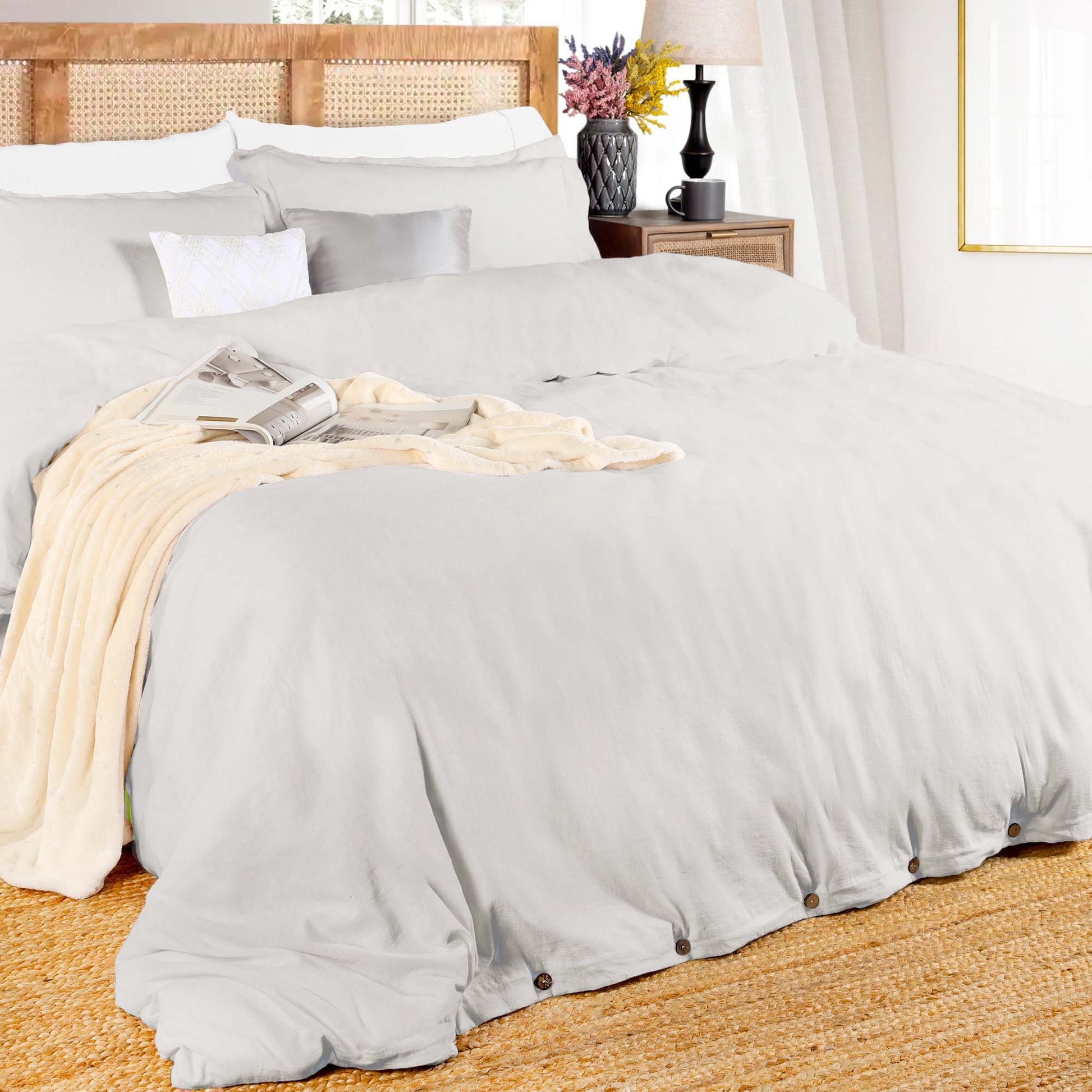 Superior Cotton Linen Blend Solid 3 Piece Duvet Cover Set - Silver