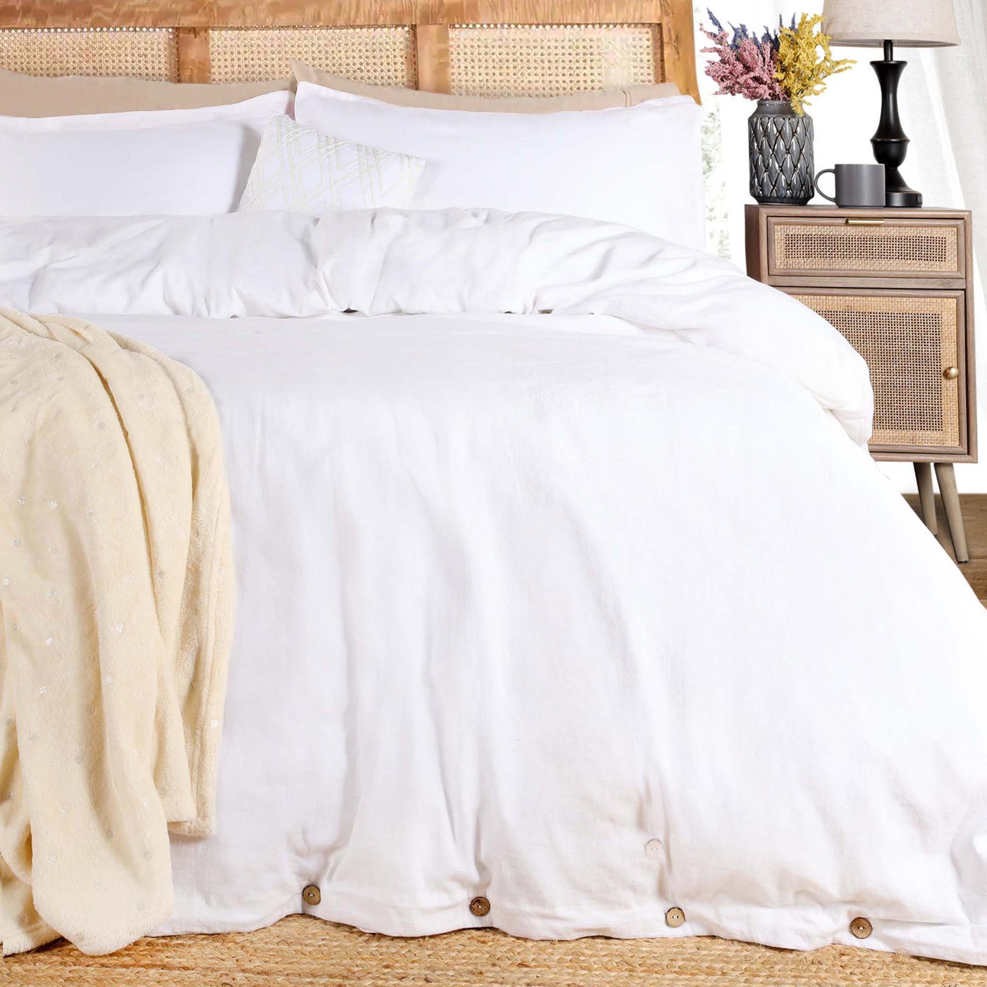 Superior Cotton Linen Blend Solid 3 Piece Duvet Cover Set - White