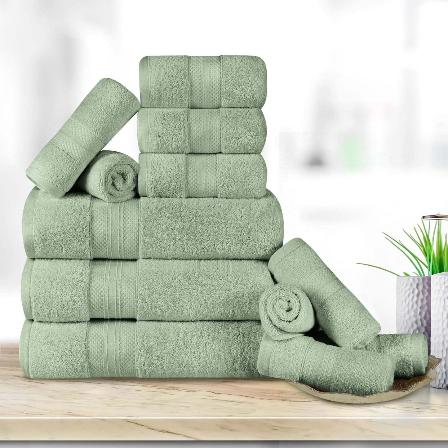 Turkish Cotton Highly Absorbent Solid 12 Piece Ultra Plush Towel Set - OliveGreen