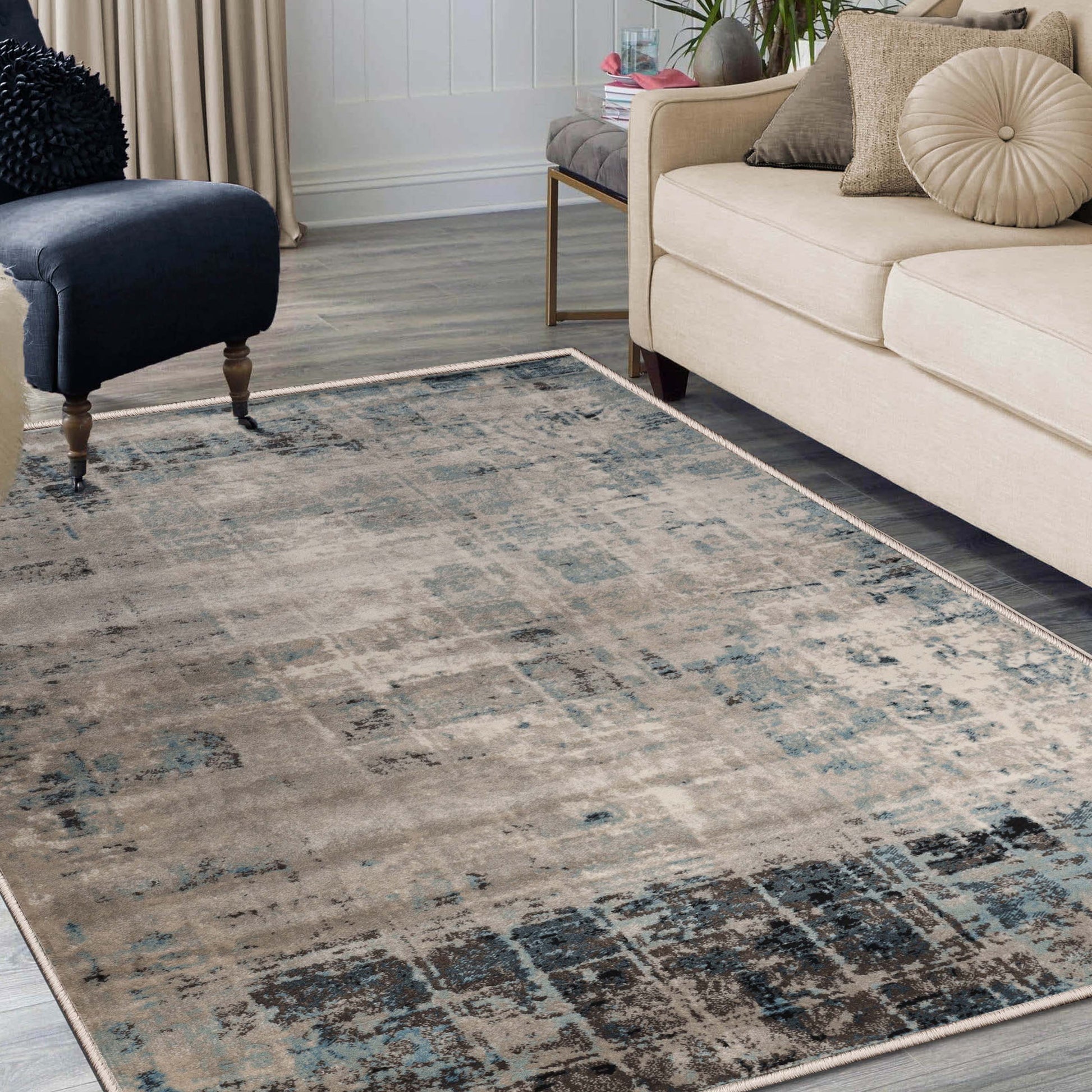 Superior Palani Washed Abstract Indoor Area Rug or Runner - Blue-Cream