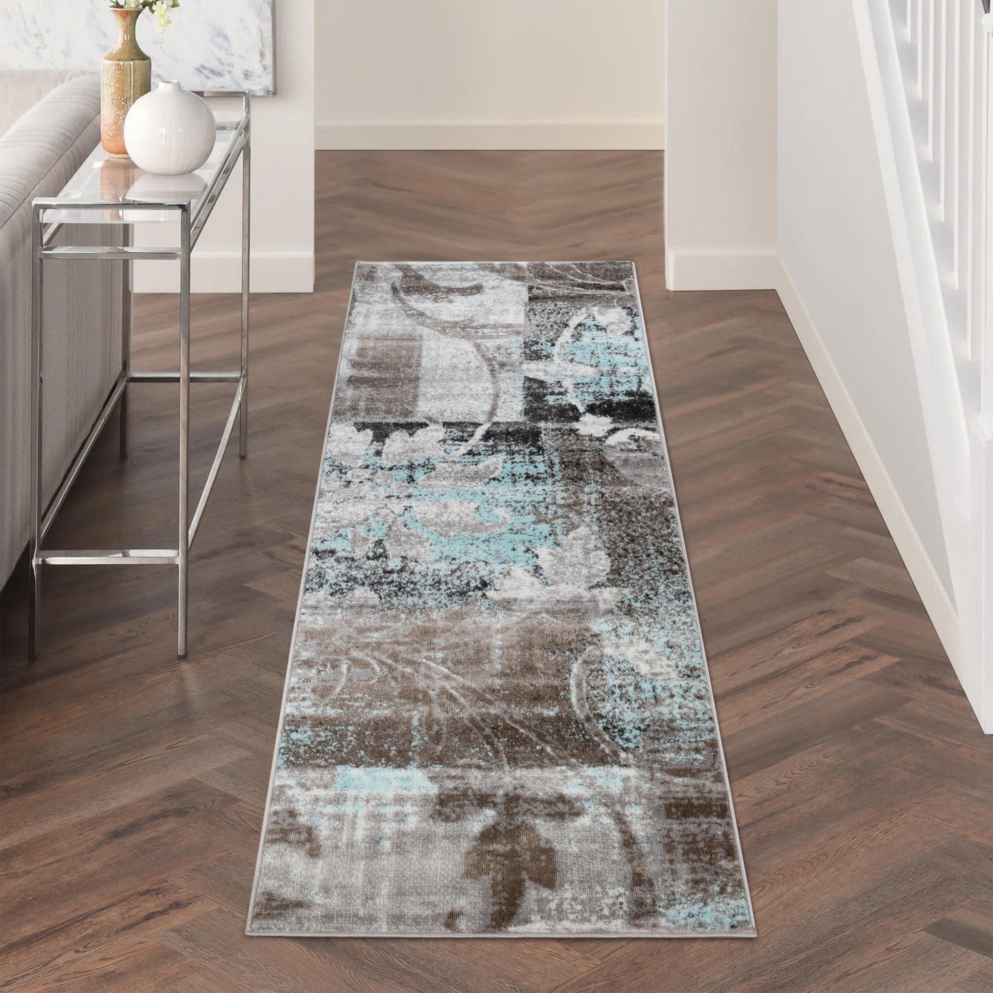 Pastiche Contemporary Floral Patchwork Indoor Area Rug or Runner - Turquoise