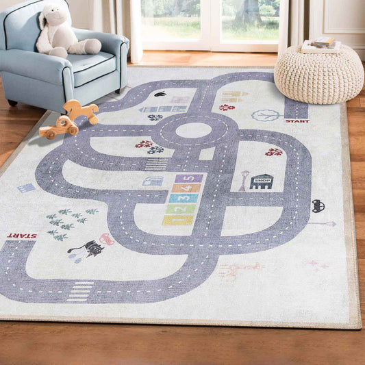 Path Road Playroom Non-Slip Kids Washable Indoor Area Rug - Ivory