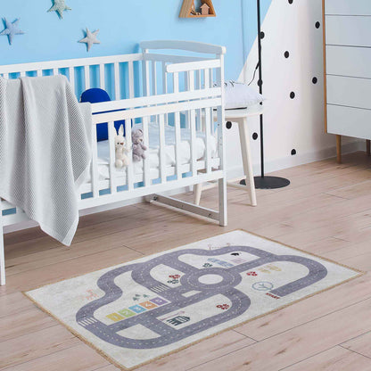 Path Road Playroom Non-Slip Kids Washable Indoor Area Rug - Ivory