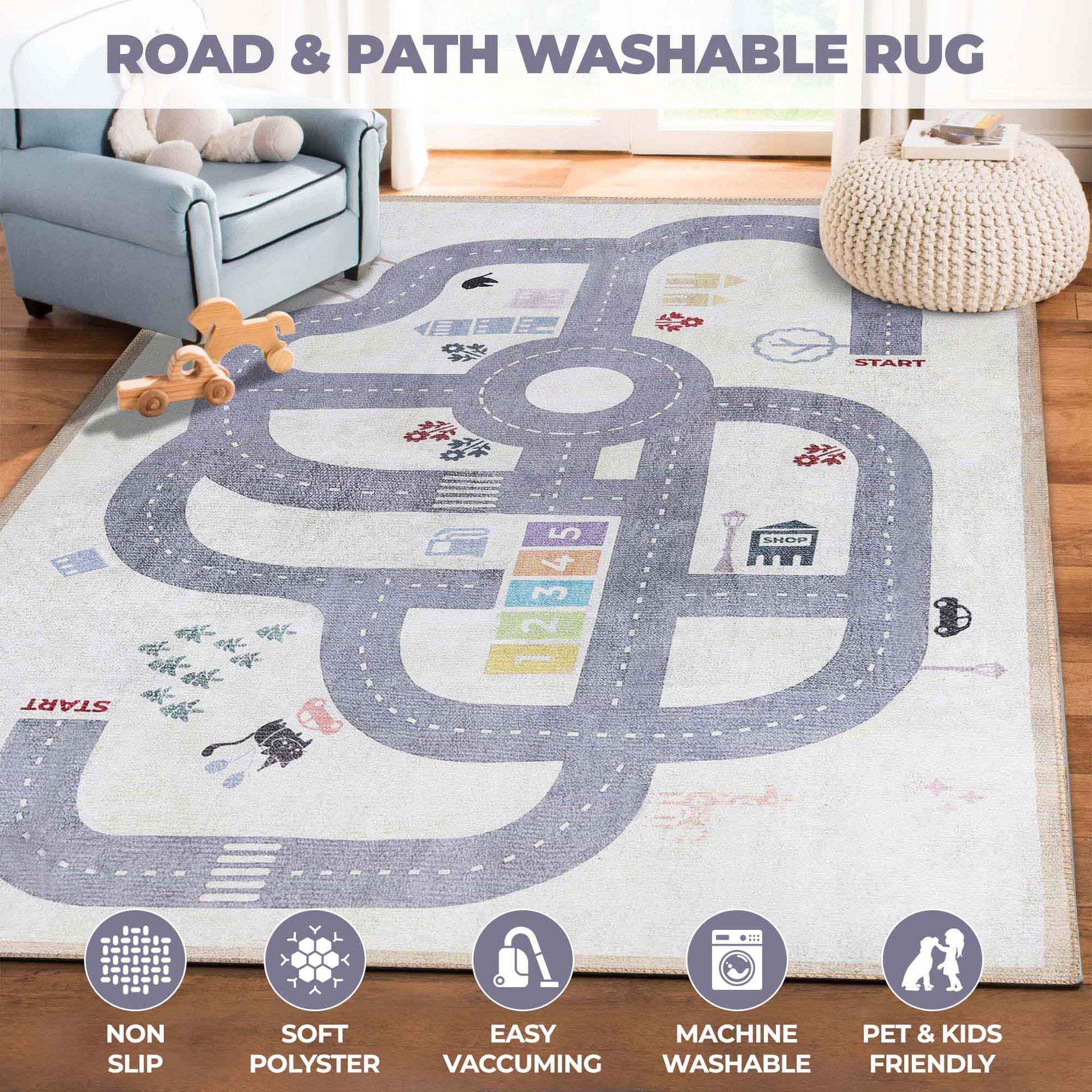 Path Road Playroom Non-Slip Kids Washable Indoor Area Rug - Ivory