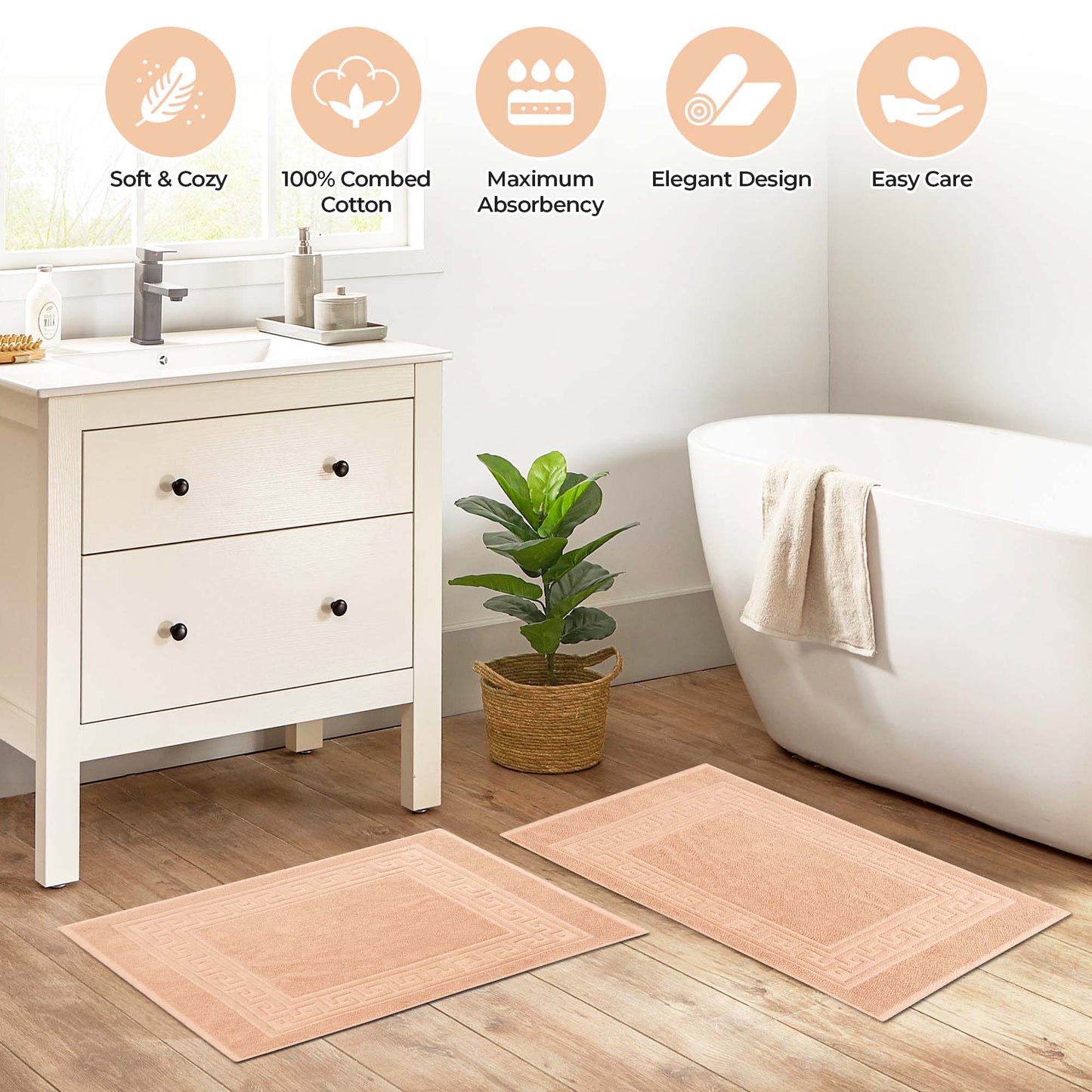 100% Cotton Highly-Absorbent Greek Key Border Solid 2-Piece Bath Mat Set - Peach