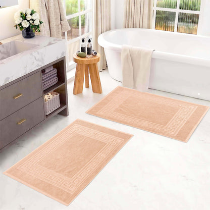 100% Cotton Highly-Absorbent Greek Key Border Solid 2-Piece Bath Mat Set - Peach