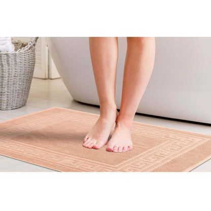 100% Cotton Highly-Absorbent Greek Key Border Solid 2-Piece Bath Mat Set - Peach