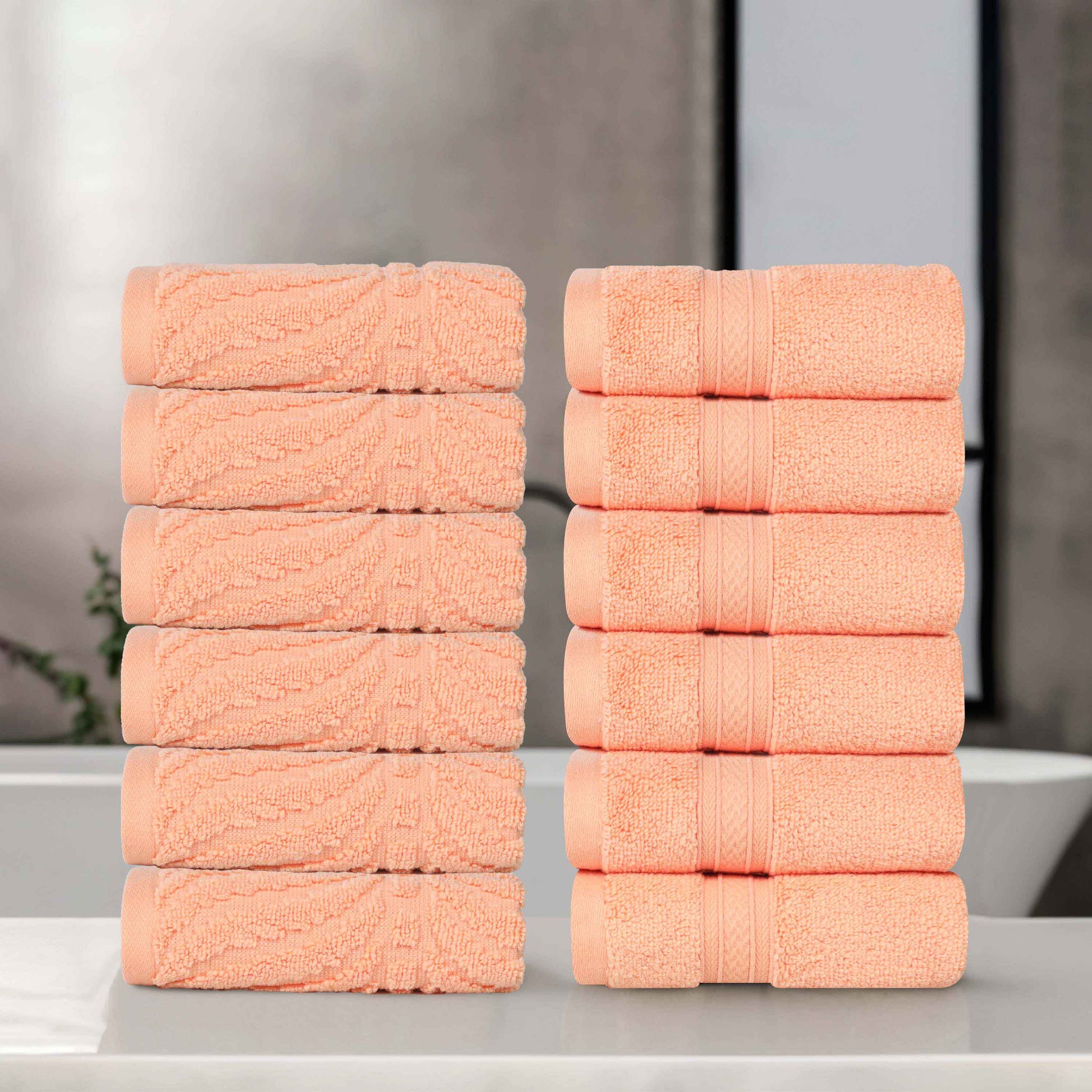 Chevron Zero Twist Solid and Jacquard Soft Cotton Washcloth Set of 12 - Peach