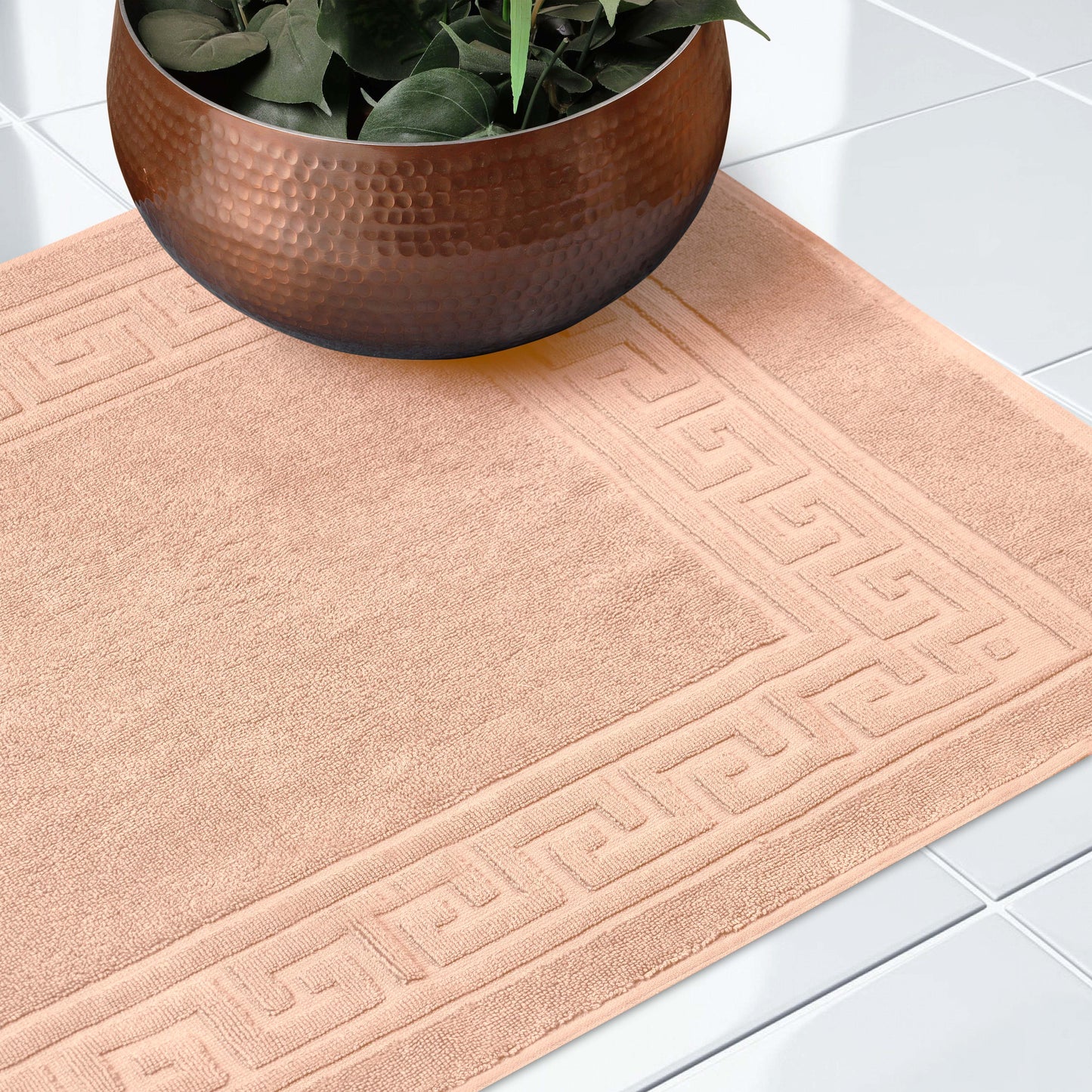 100% Cotton Highly-Absorbent Greek Key Border Solid 2-Piece Bath Mat Set - Peach