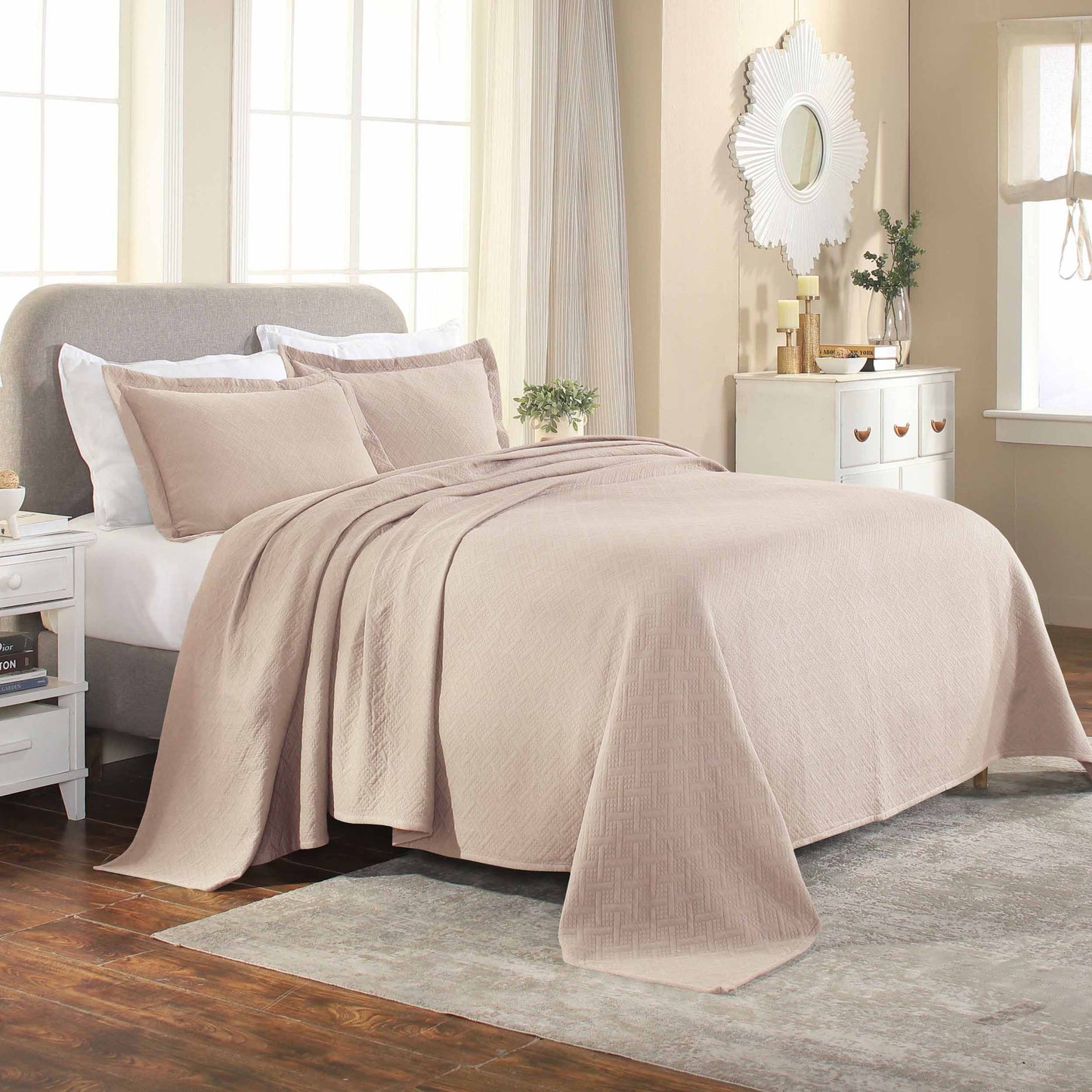 Basket Weave Matelasse Cotton Bedspread Set - Peach