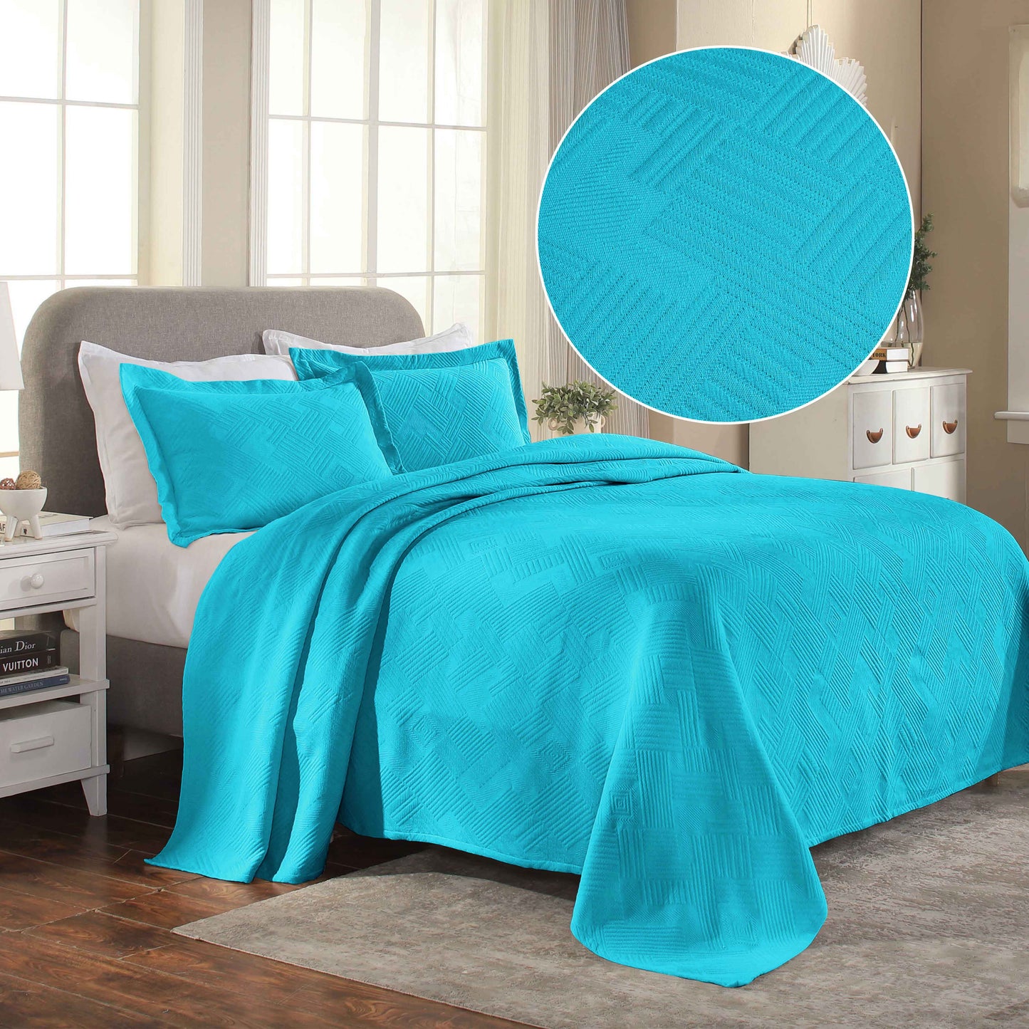 Cotton Jacquard Matelassé Scalloped Geometric Fret Bedspread Set - PeacockBlue