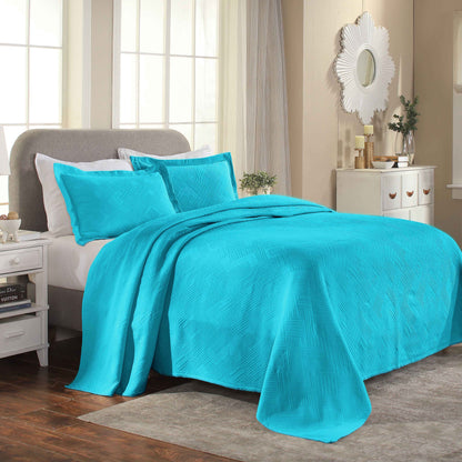 Cotton Jacquard Matelassé Scalloped Geometric Fret Bedspread Set - PeacockBlue