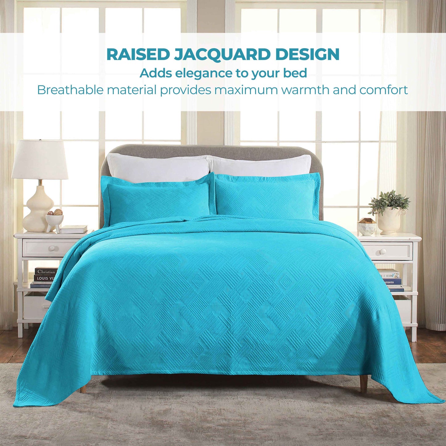 Cotton Jacquard Matelassé Scalloped Geometric Fret Bedspread Set - PeacockBlue