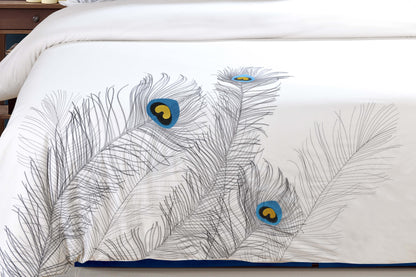 Embroidered Peacock Cotton Duvet Cover Set - Silver