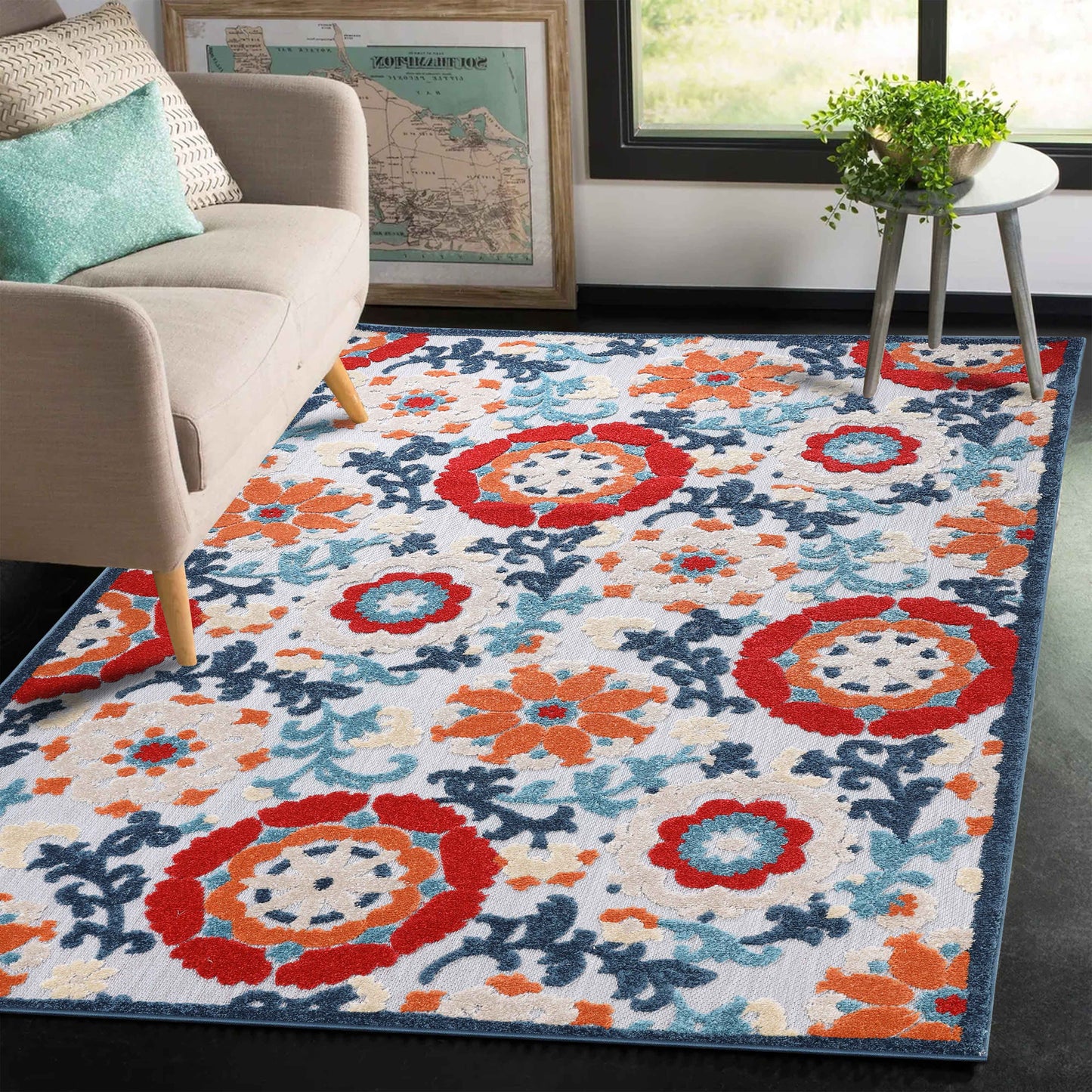 Petunia Floral Scroll Vintage Indoor Outdoor Area Rug