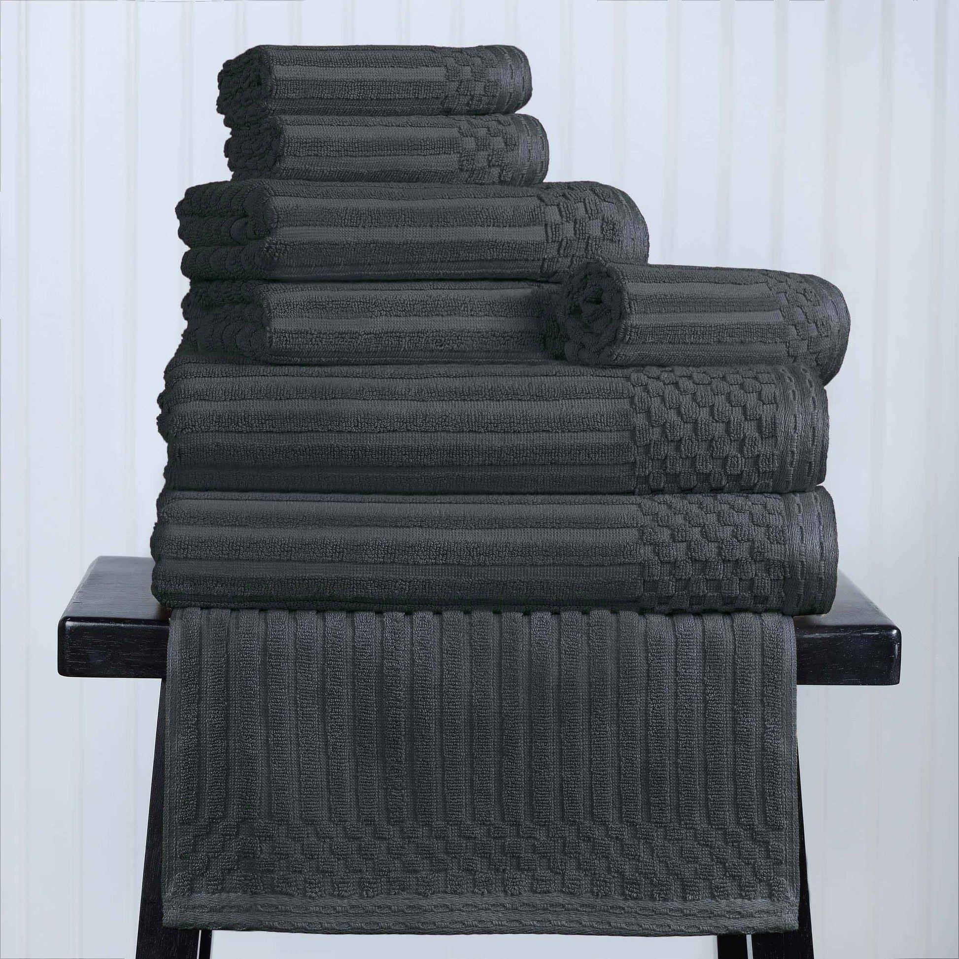 Ribbed Textured Cotton Medium Weight 8 Piece Towel Set - Pine