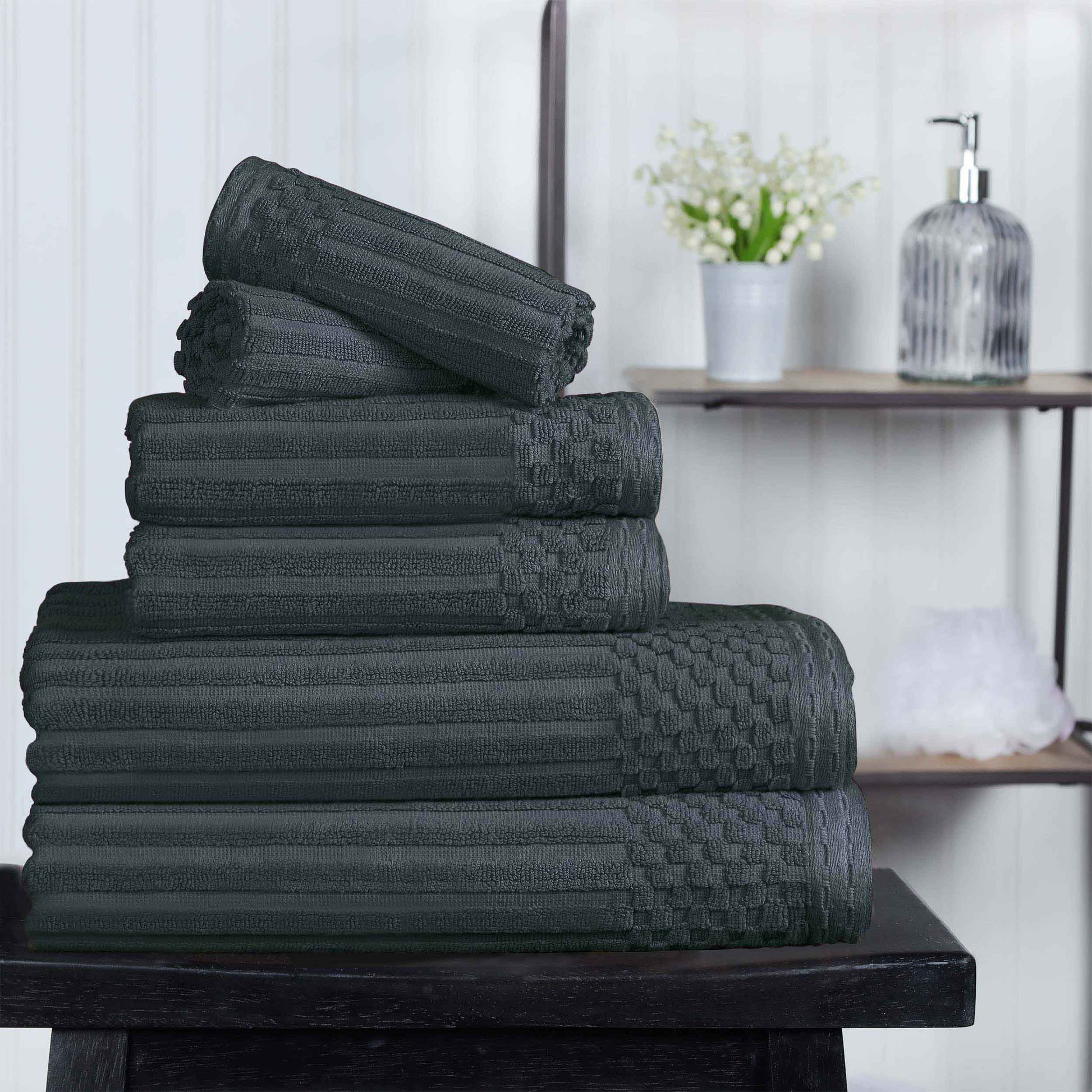 Ribbed Textured Cotton Medium Weight 6 Piece Towel Set - Pine