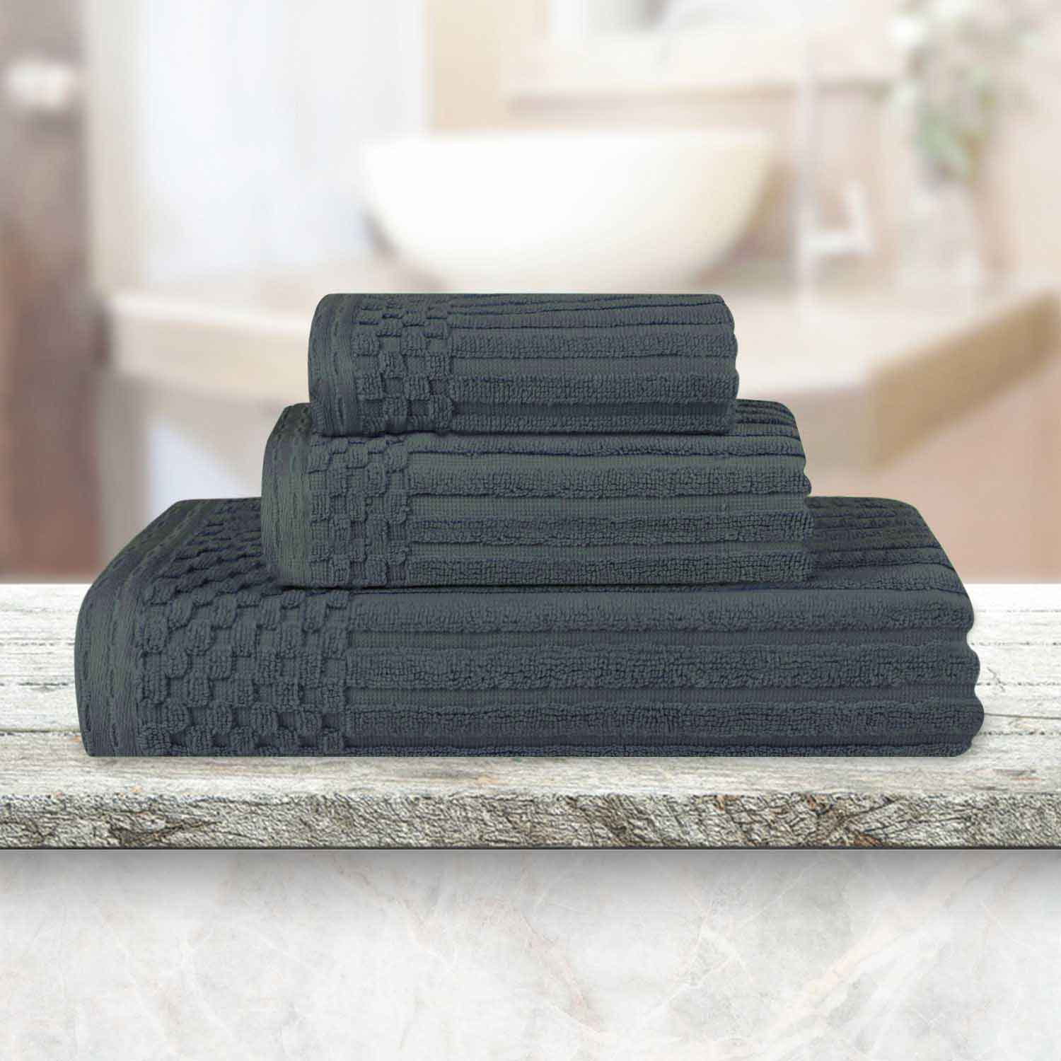 Soho Ribbed Cotton Absorbent 3 Piece Assorted Towel Set - Pine