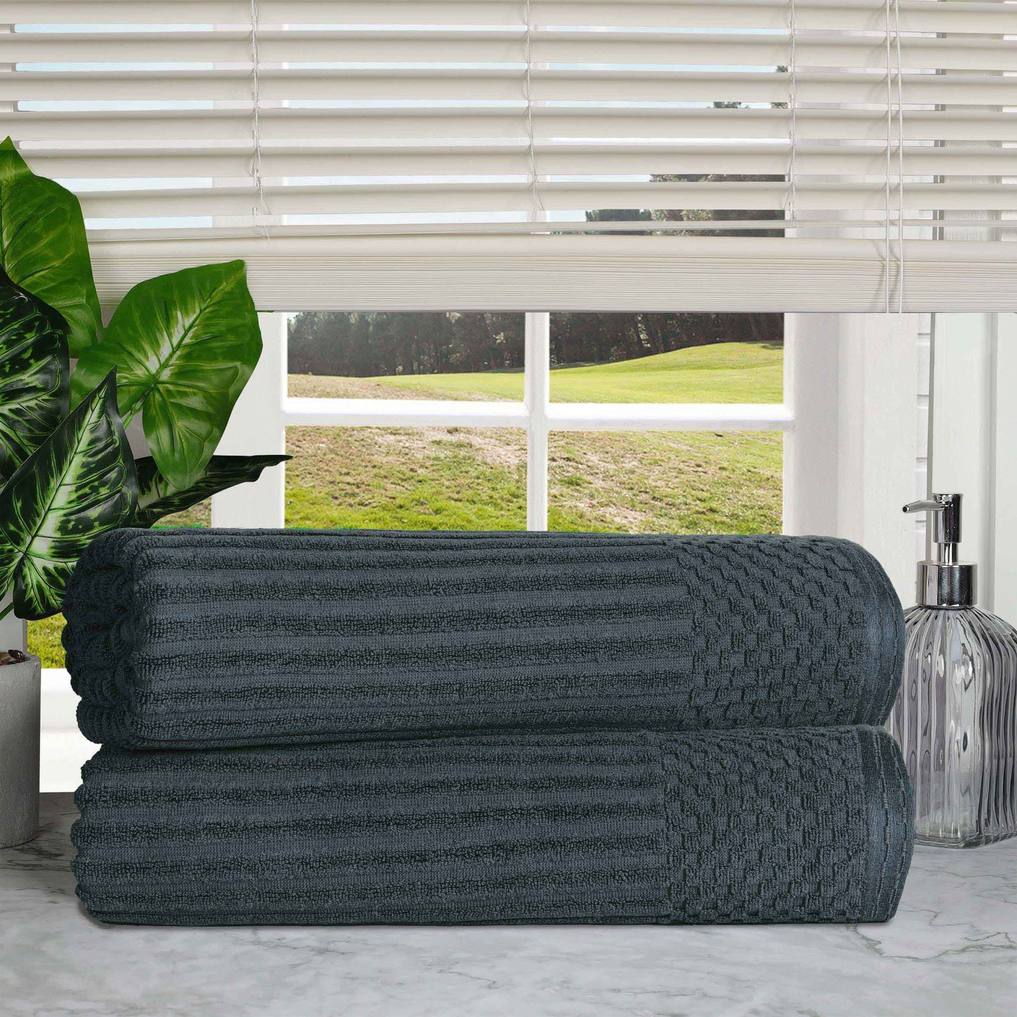 Ribbed Textured Cotton 2 Piece Bath Sheet Towel Set - Pine