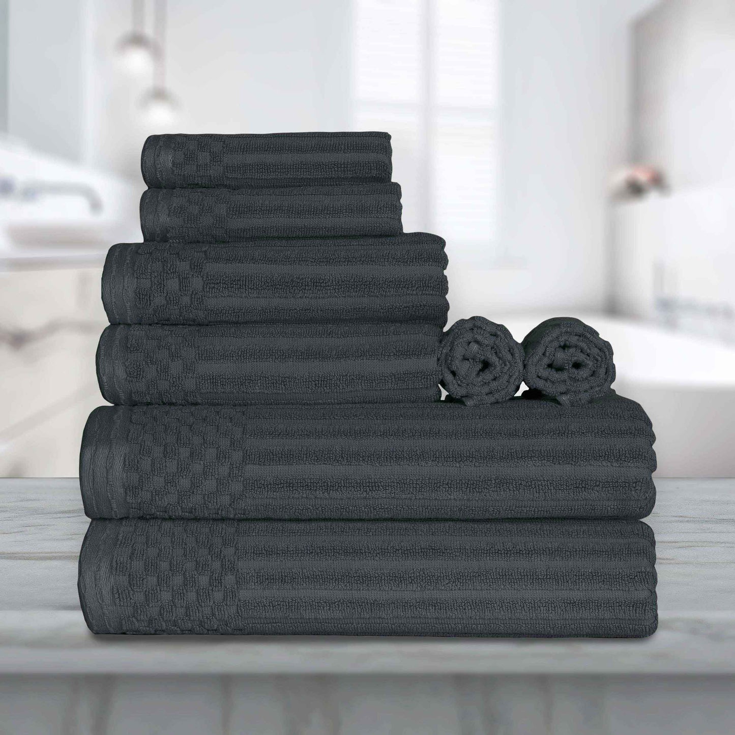 Ribbed Textured Cotton Medium Weight 8 Piece Towel Set - Pine