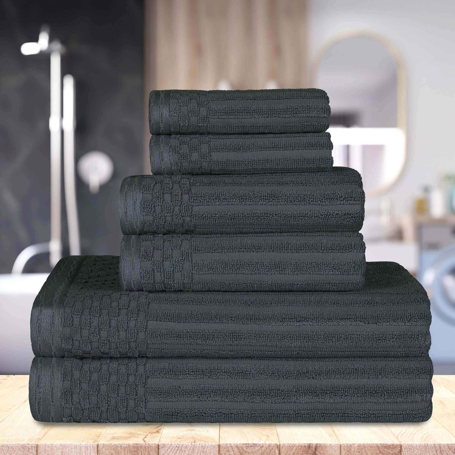Ribbed Textured Cotton Medium Weight 6 Piece Towel Set - Pine