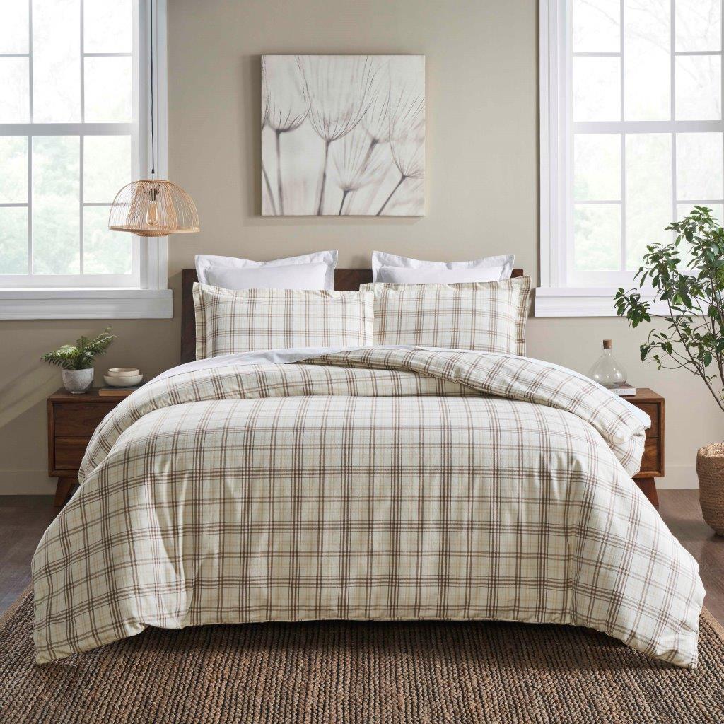 Plaid Flannel Cotton Classic Rustic Farmhouse Duvet Cover Set - Beige