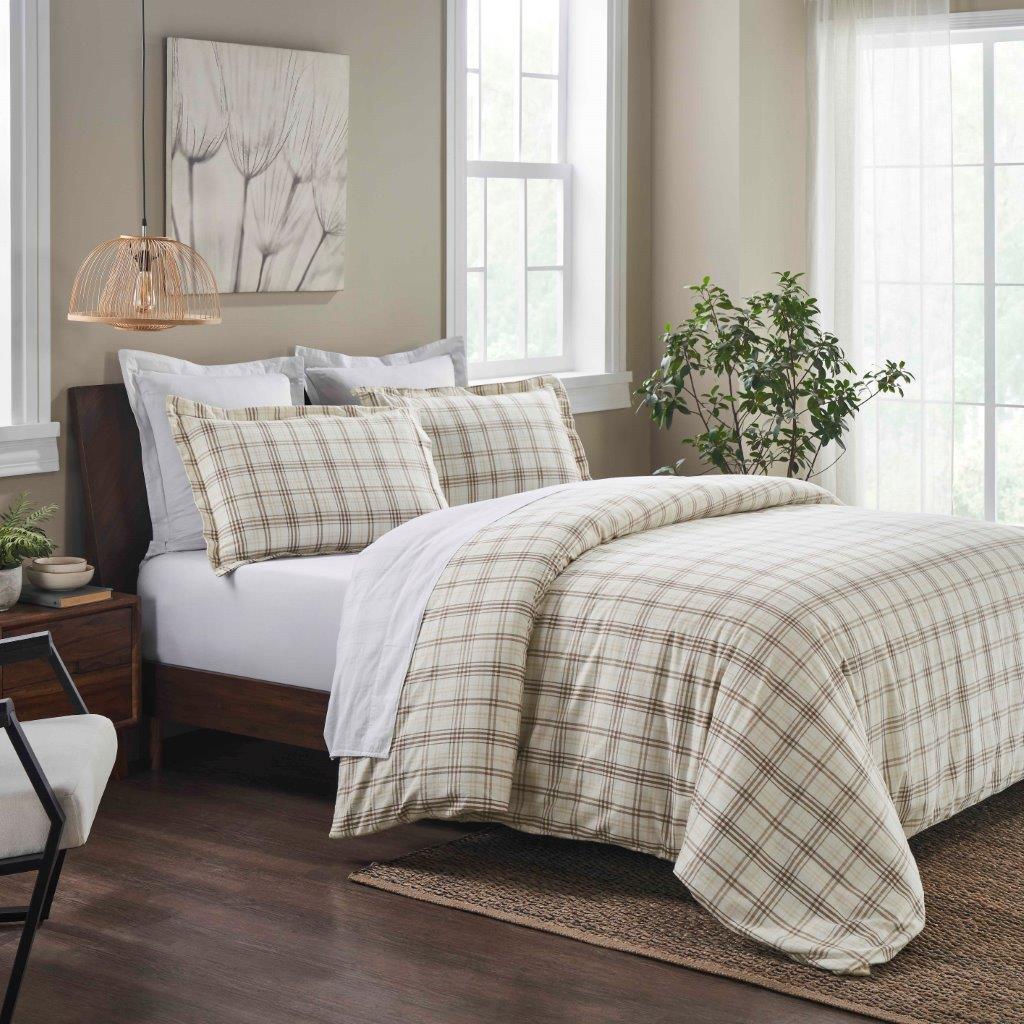 Plaid Flannel Cotton Classic Rustic Farmhouse Duvet Cover Set - Beige