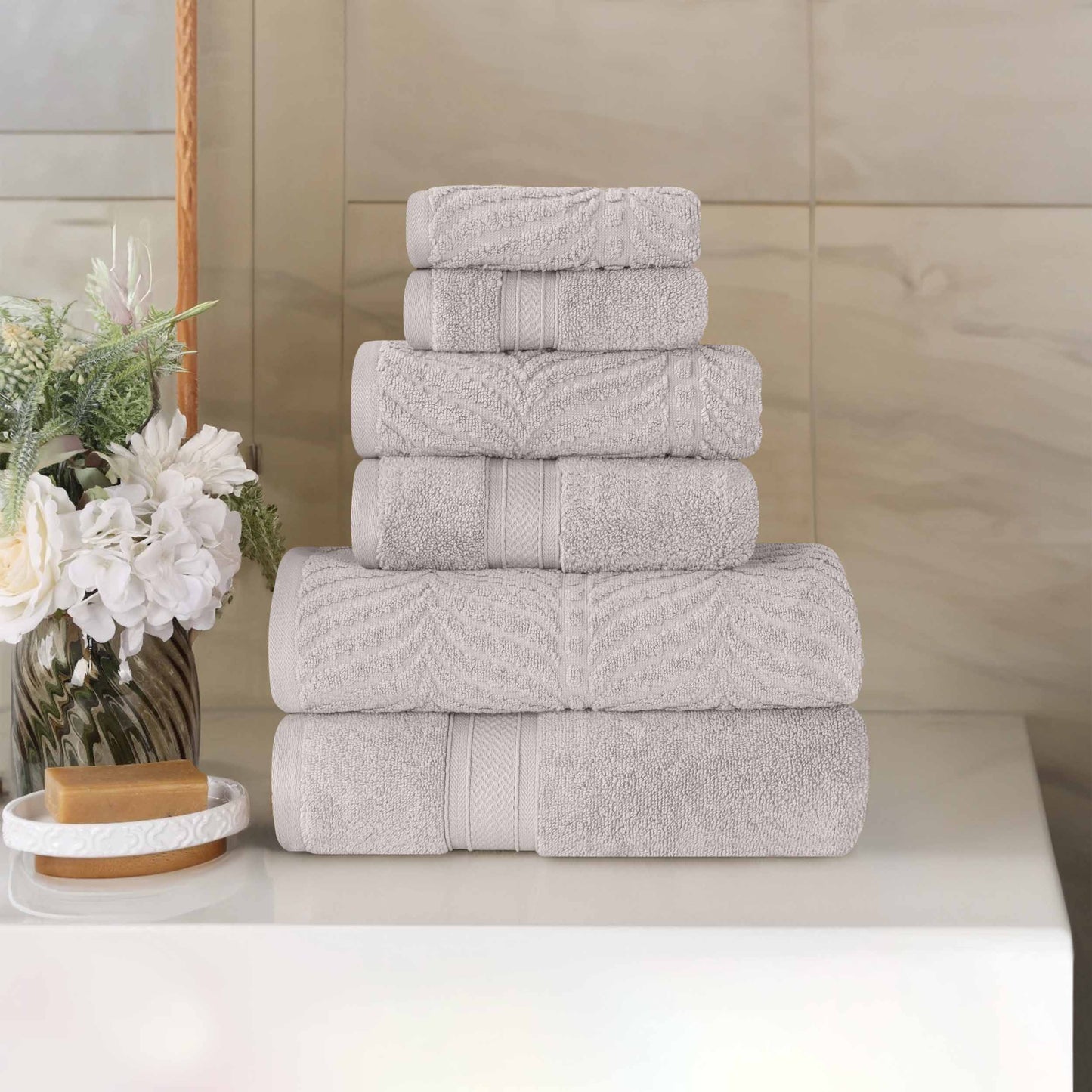 Chevron Zero Twist Solid and Jacquard Soft Cotton 6 Piece Towel Set - Platinum