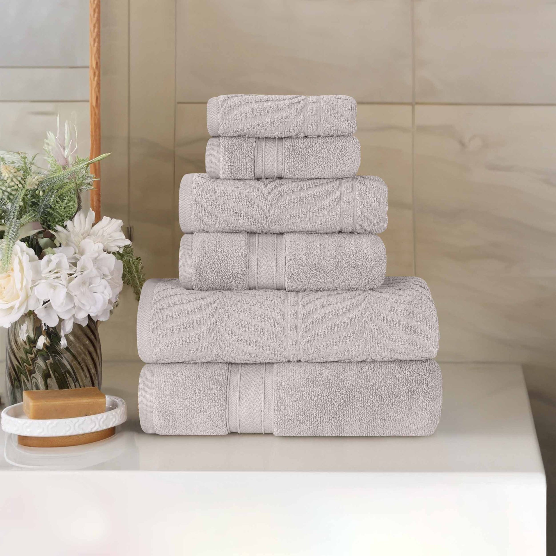 Chevron Zero Twist Solid and Jacquard Soft Cotton 6 Piece Towel Set - Platinum