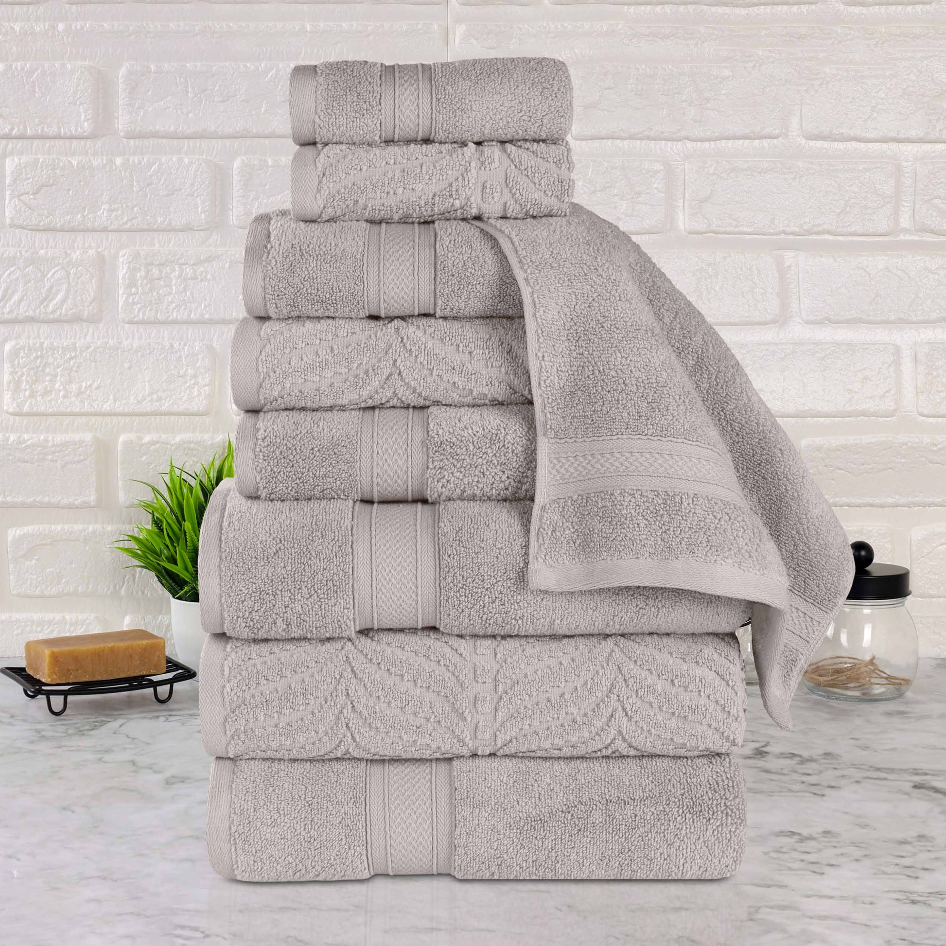 Chevron Zero Twist Solid and Jacquard Cotton 9 Piece Towel Set - Platinum