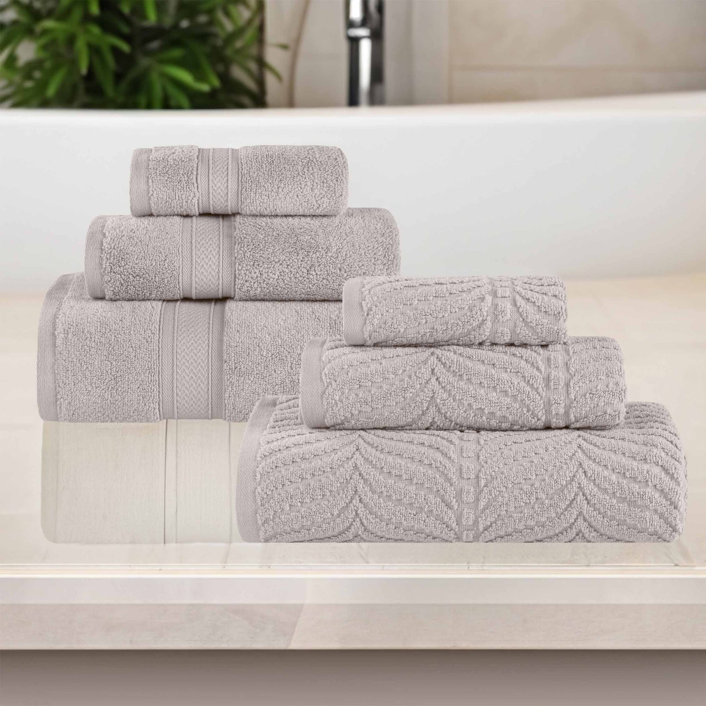 Chevron Zero Twist Solid and Jacquard Soft Cotton 6 Piece Towel Set - Platinum