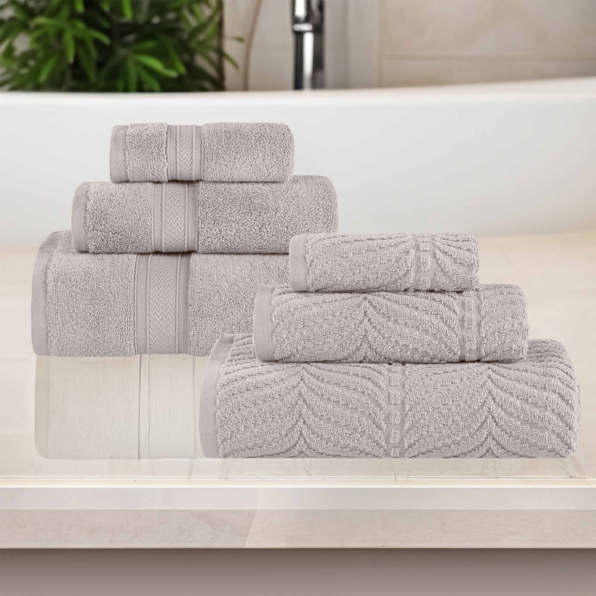 Chevron Zero Twist Solid and Jacquard Soft Cotton 6 Piece Towel Set - Platinum