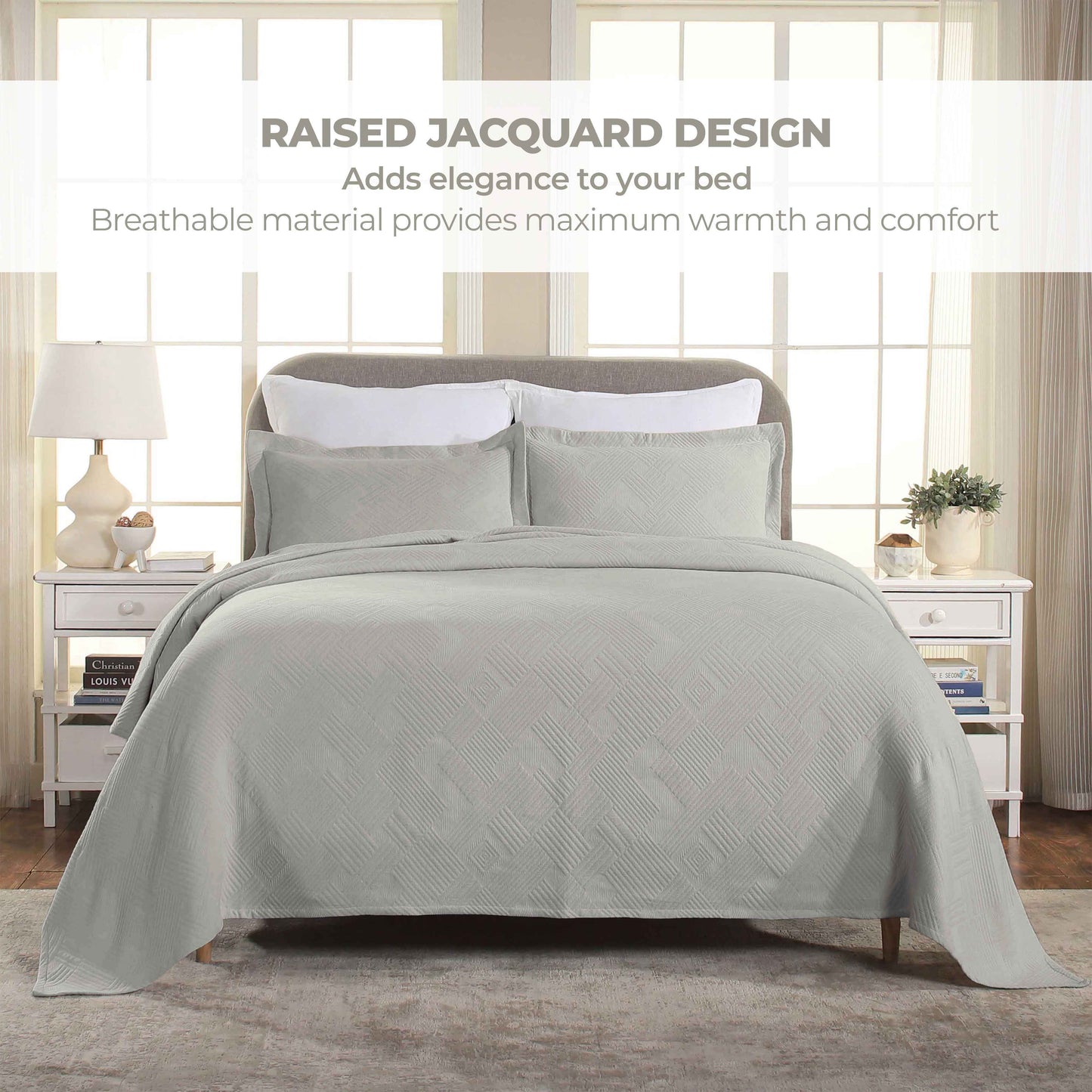 Cotton Jacquard Matelassé Scalloped Geometric Fret Bedspread Set - Platinum